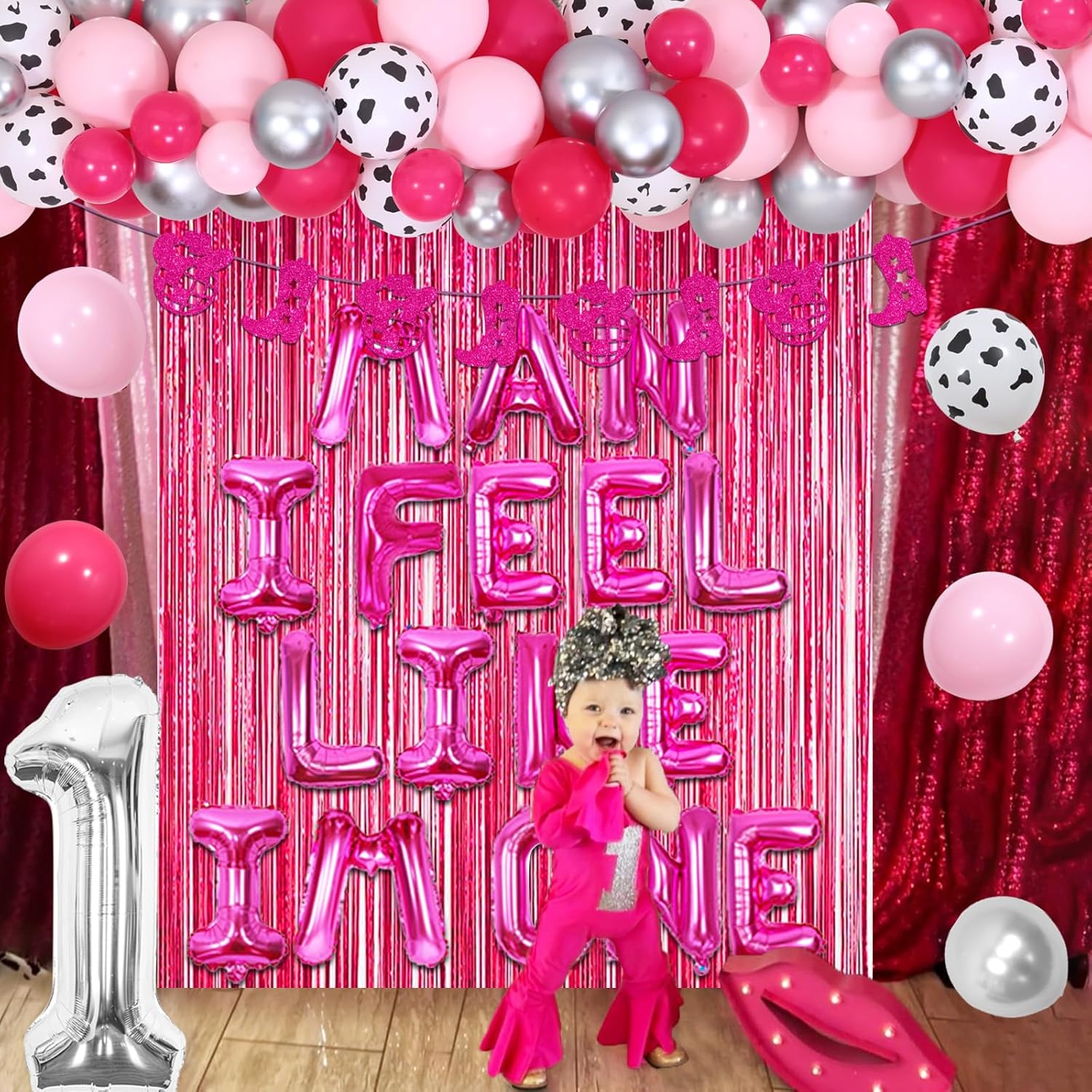 Disco Cowgirl 1st Birthday Decorations Girls, Hot Pink Man I Feel Like I'm One Balloons Banner, Western Cowgirl Arch Garland Kit with Disco Cowgirl Banner, Rodeo First Party Supplies