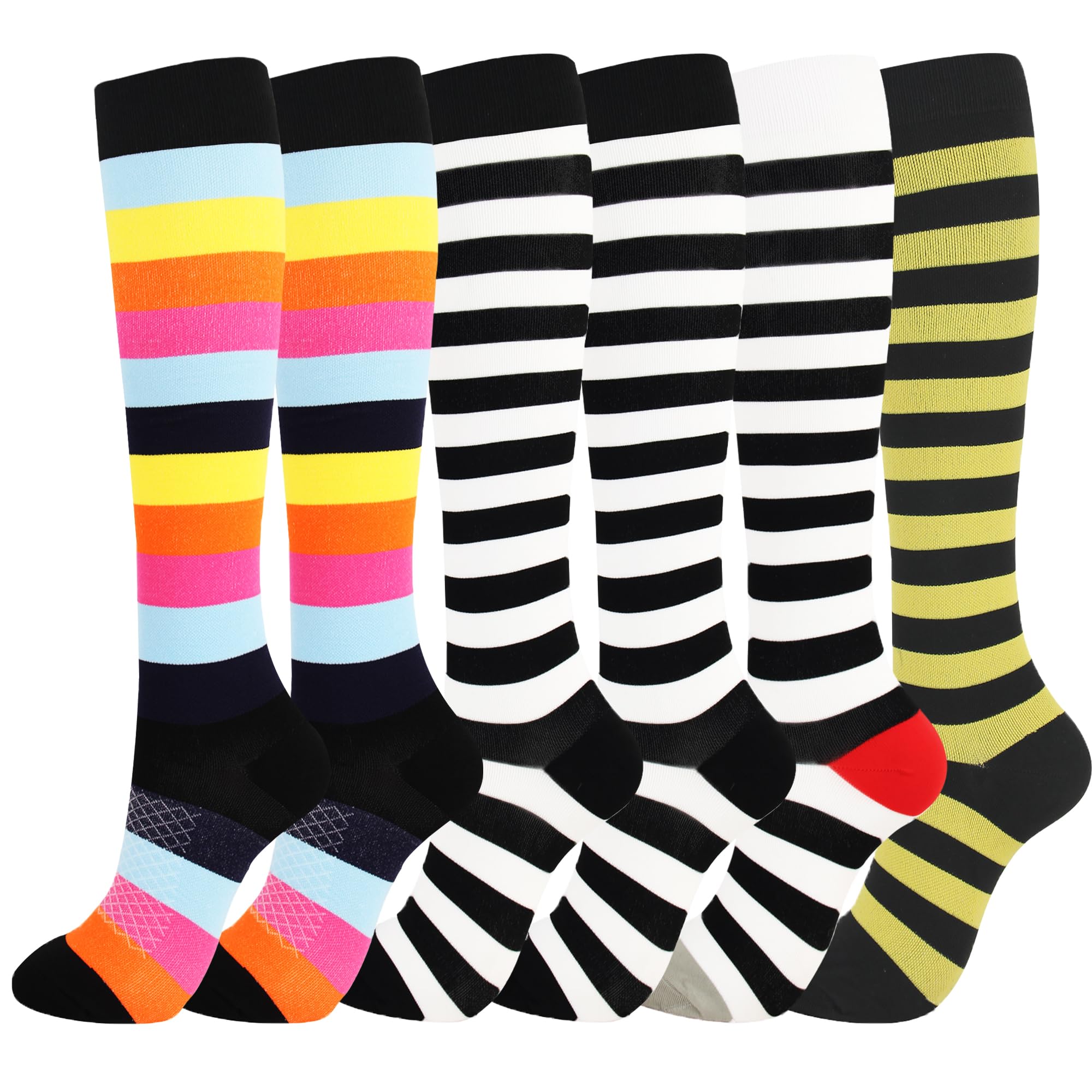 6 Pairs Compression Socks for Women and Men Circulation, 20-30 mmhg Support for Athletic Running, Hiking, Nurse, Recovery