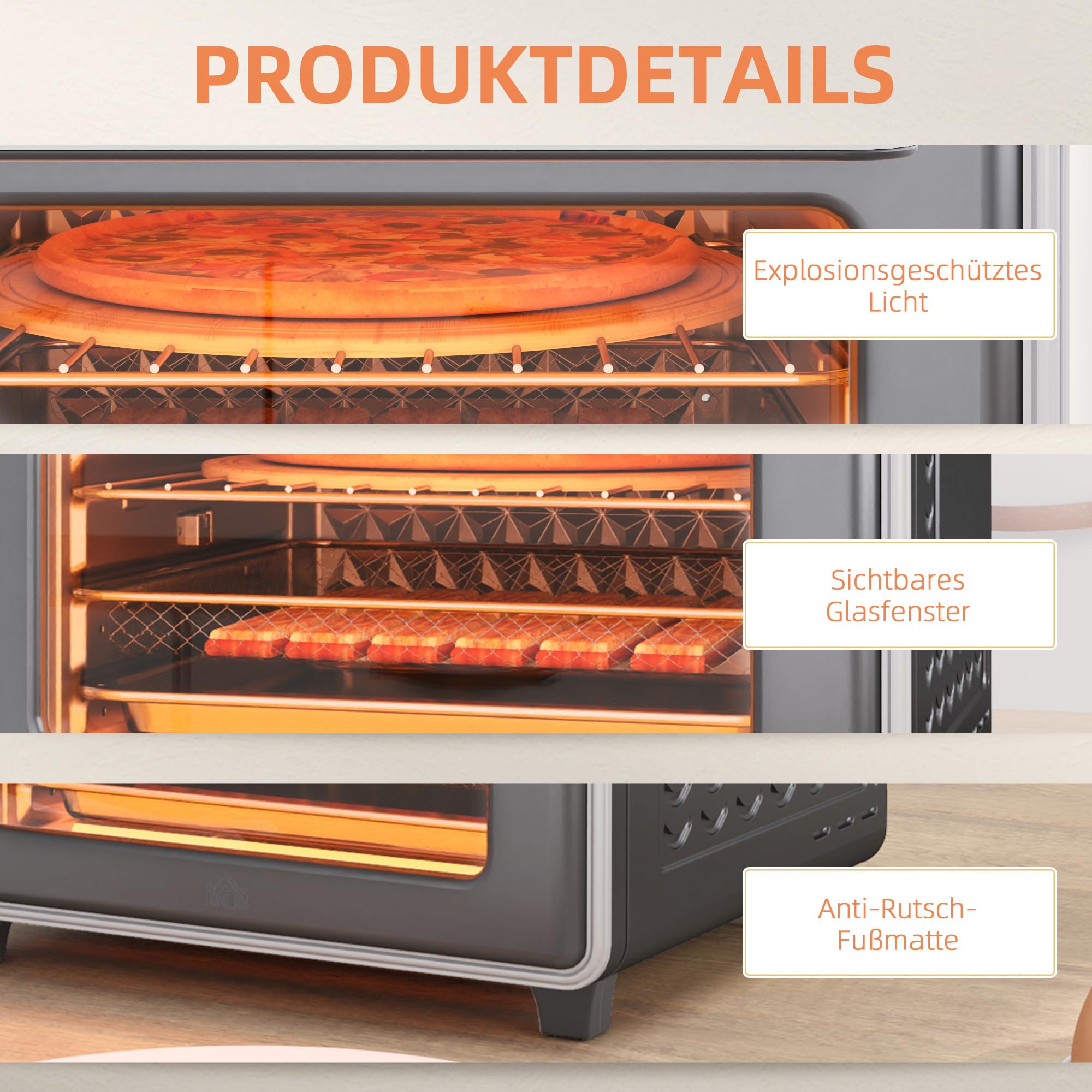HOMCOM Mini-four à chaleur tournante 20L Mini four avec plaque de cuisson, grille et ramasse-miettes, 90 °C-230 °C Friteuse à air chaud avec 5 modes, panier à friture, minuterie 60 min, 1400W, métal
