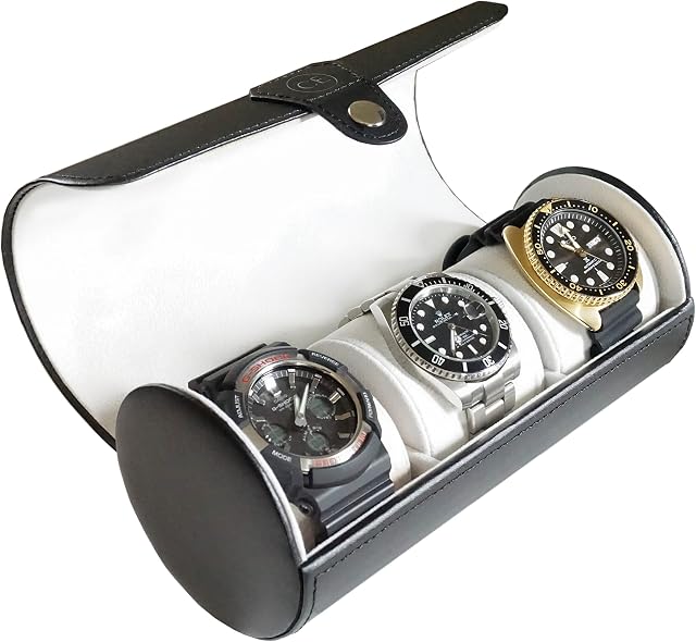Case Elegance CE-LEATHER-WATCH-BLACK, cylindryczne pudełko na zegarki ze skóry wegańskiej w kolorze czarnym na 3 zegarki