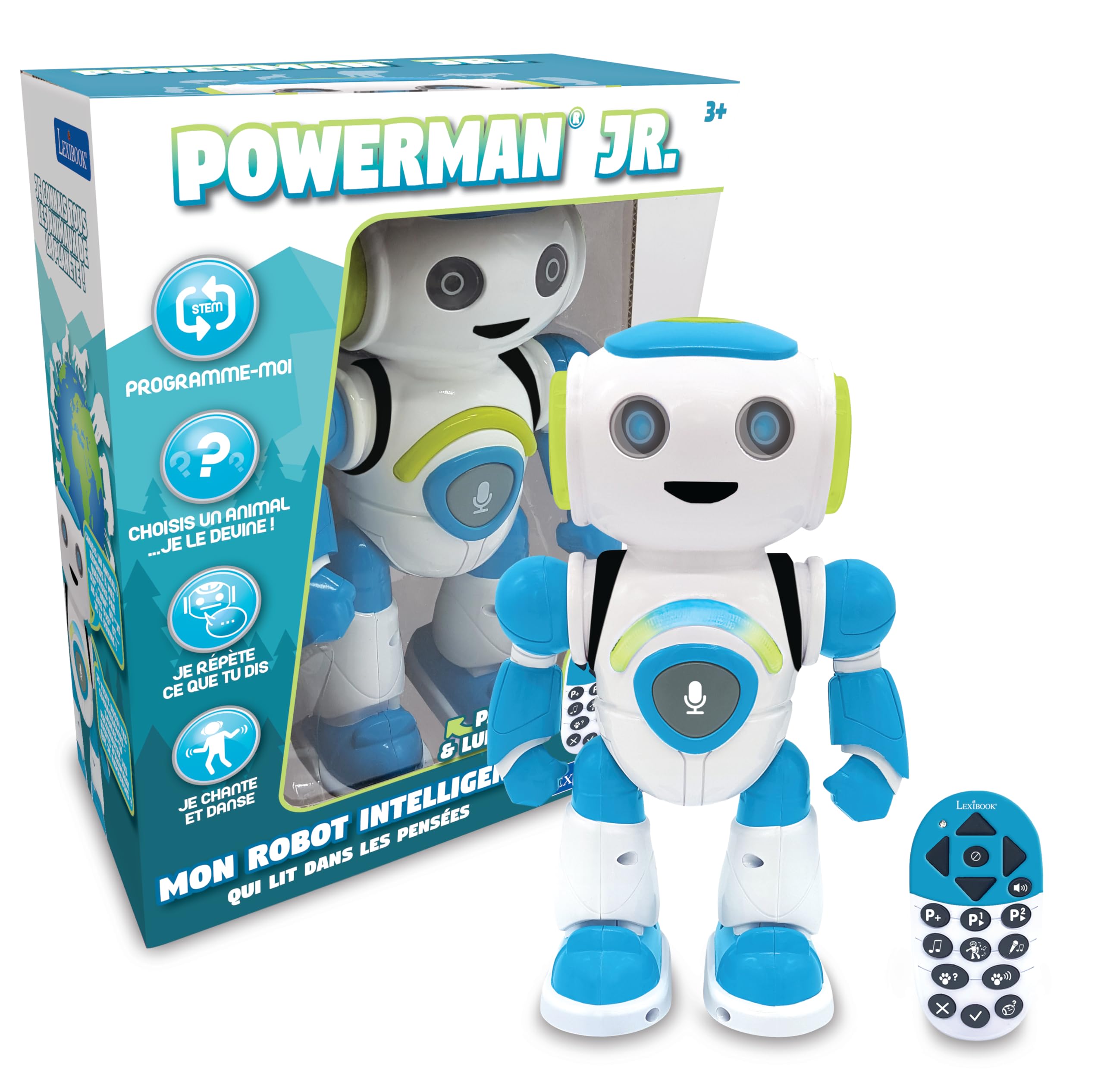 Lexibook ROB20FR Jr. Smart robot that reads thoughts toy for children, dances play music quiz animals programmable karaoke STEM Blue/Green, (French Version)