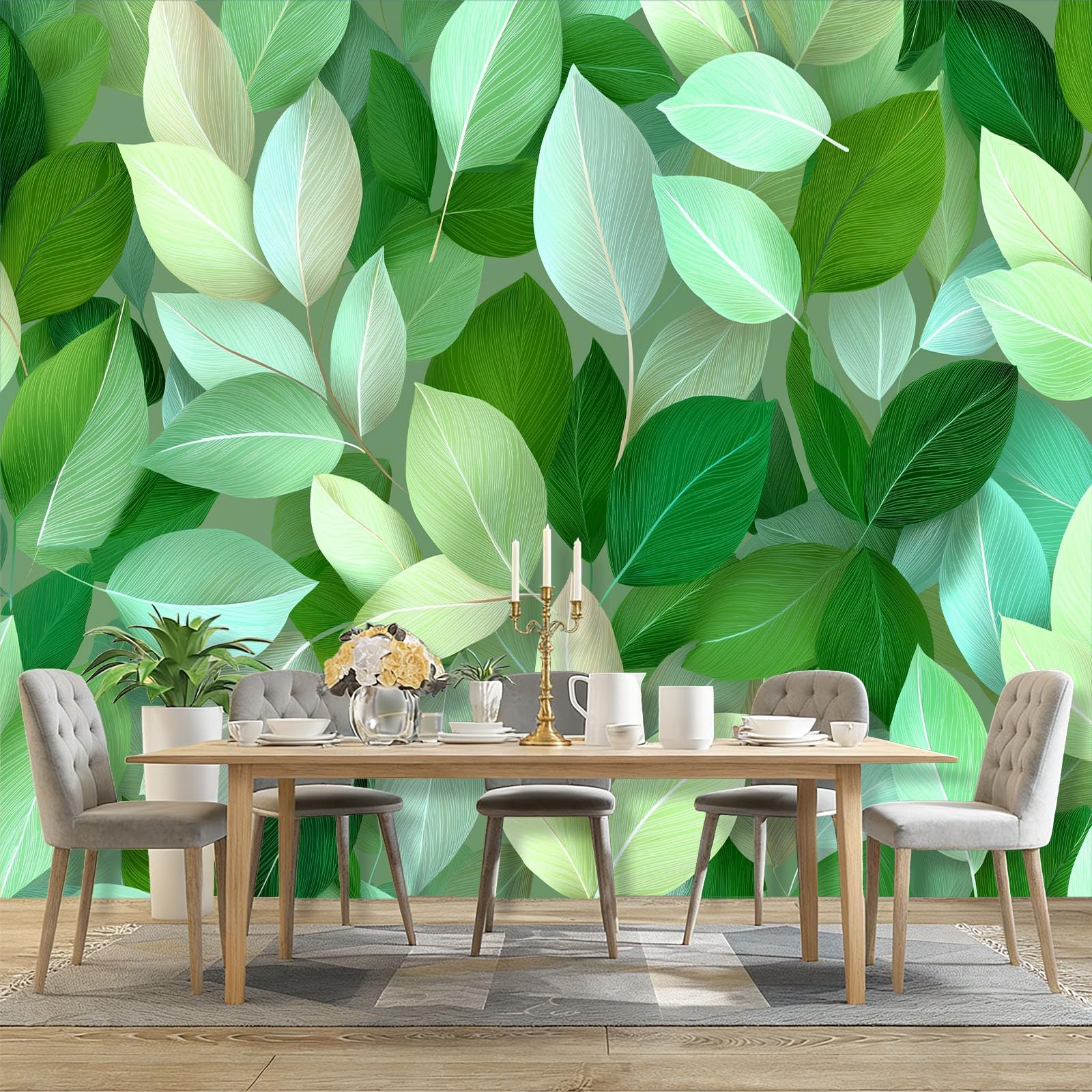 Fototapeta tapeta rośliny natura gałęzie i liście zielony motyw fototapeta włóknina mural ścienny plakat do salonu sypialni korytarza TV tło dekoracja ścienna murale, 350 x 256 cm