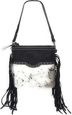 Western Genuine Tool Leather Cowhide Fur Fringe Womens Crossbody Bag in 3 Colors (Black)