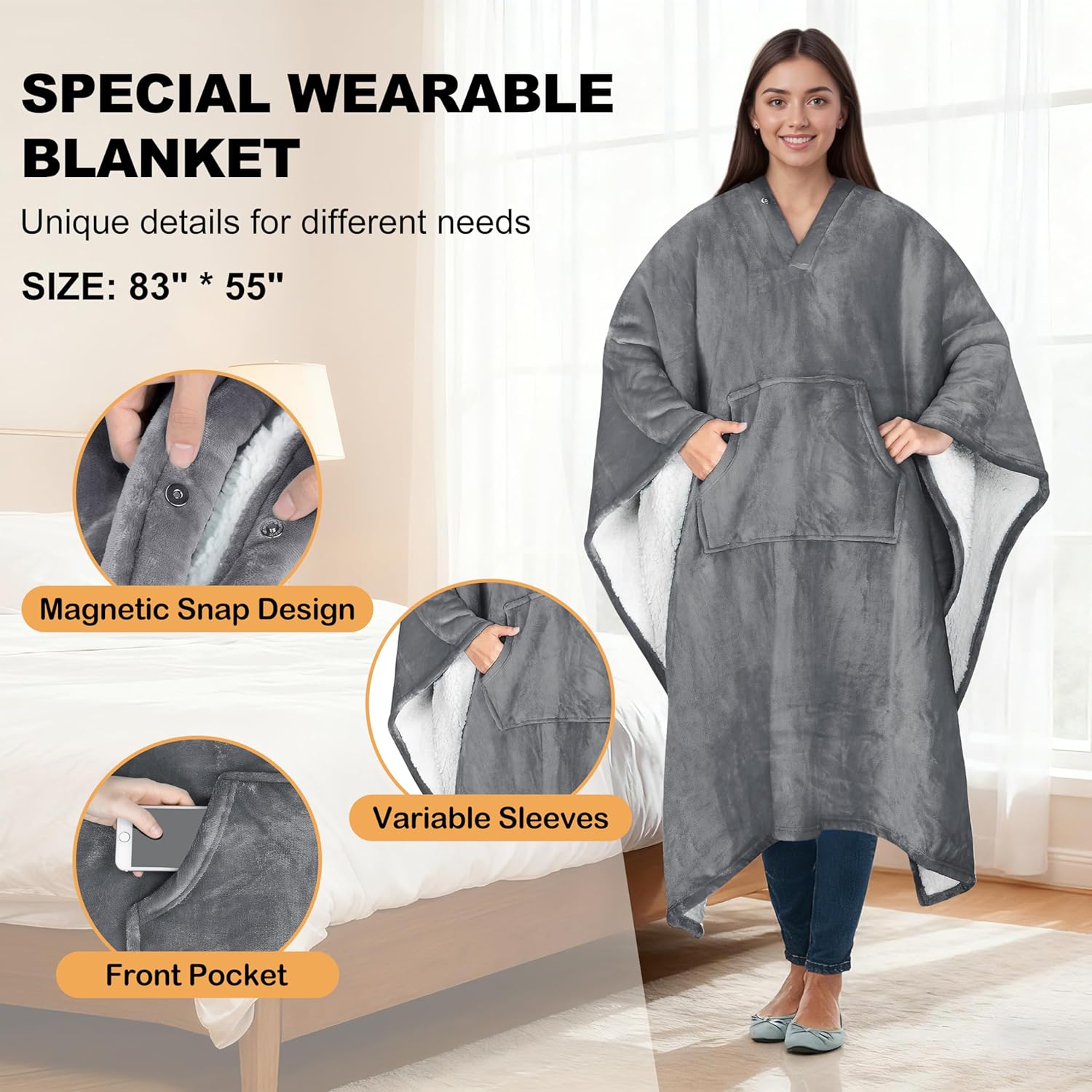 Catalonia Sherpa Wearable Poncho for Adult Women Men, Wrap Blanket Cape with Pocket, Warm, Soft, Cozy, Snuggly, Comfort Gift, No Sleeves, Grey - Image 3