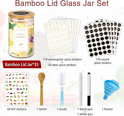 Miniatura 3 de BGraceyy Tarros de especias con etiquetas, 35 tarros de especias de vidrio de 4 onzas con tapas de bambú, recipientes herméticos apilables