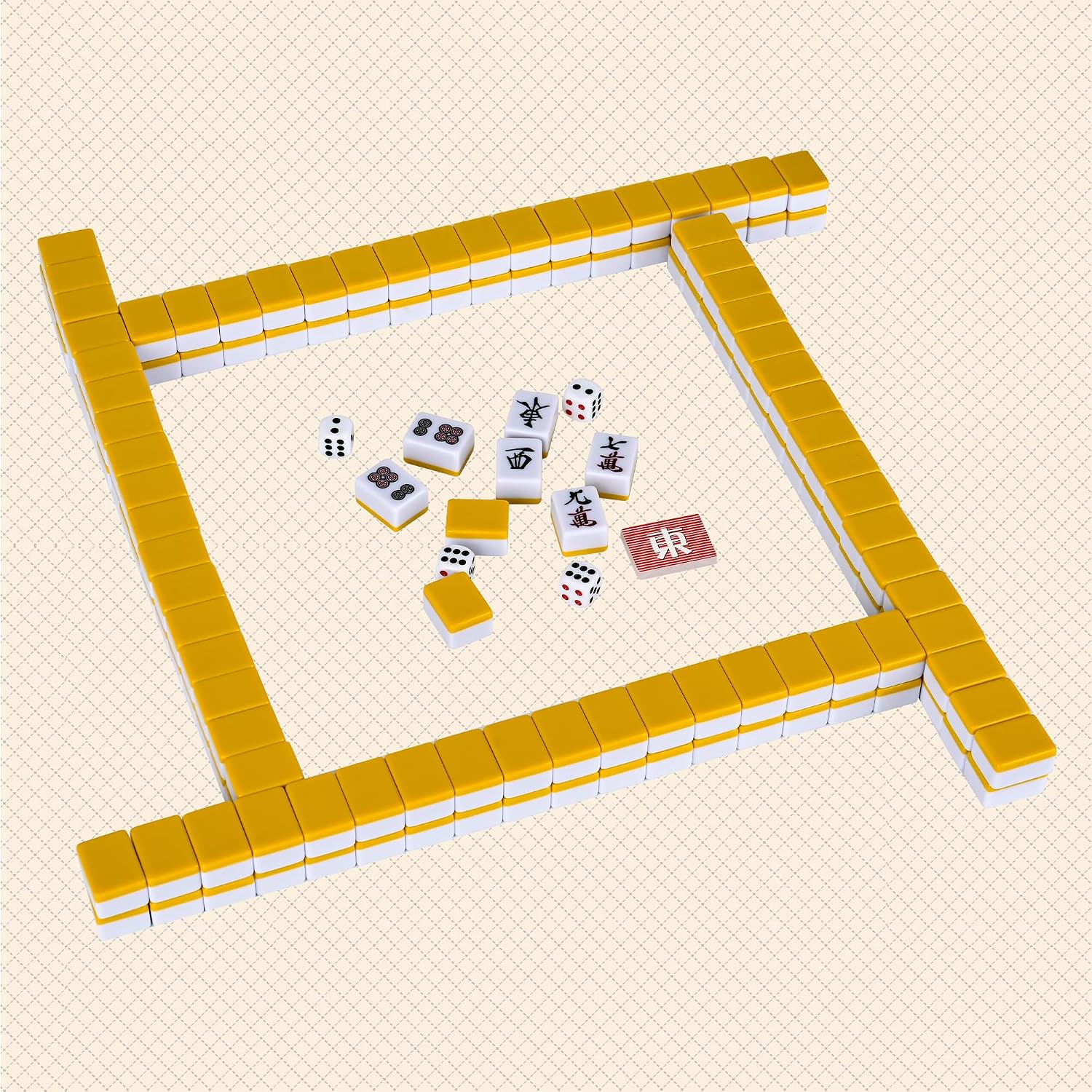 Japanese Riichi Mahjong Set, White and Yellow, 1.18"(30mm) Size Tiles - with East Wind Tile, Set of Scoring Sticks, and Dices, Portable Travel Handbag, Mahjong Table Cover.