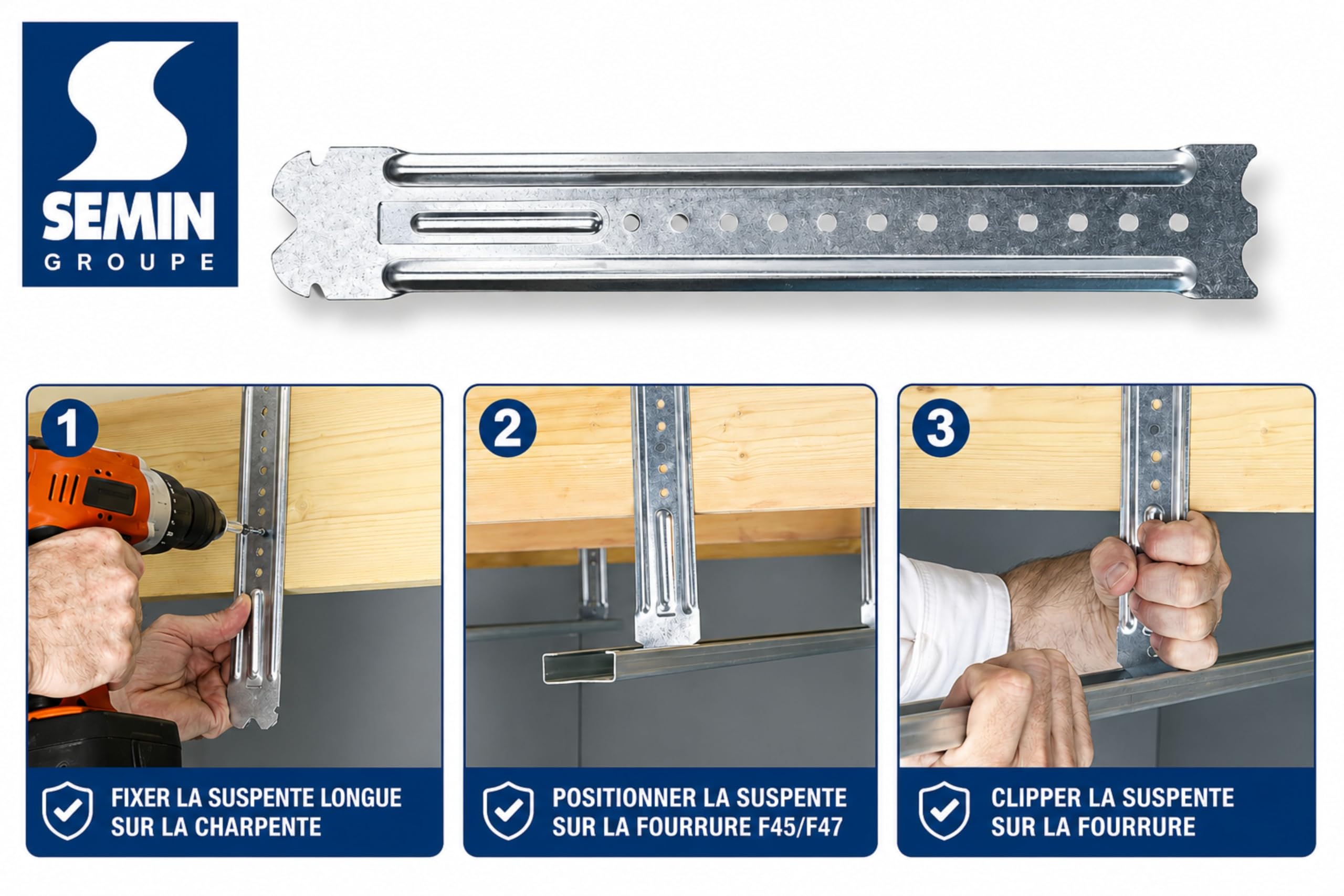 SEMIN Suspentes Longues F47 300 mm –3 X Boîte de 50 – Acier Galvanisé – Fixation Faux Plafond Plaques de Plâtre – Ossature Métallique F45/F47 – Pose Rapide