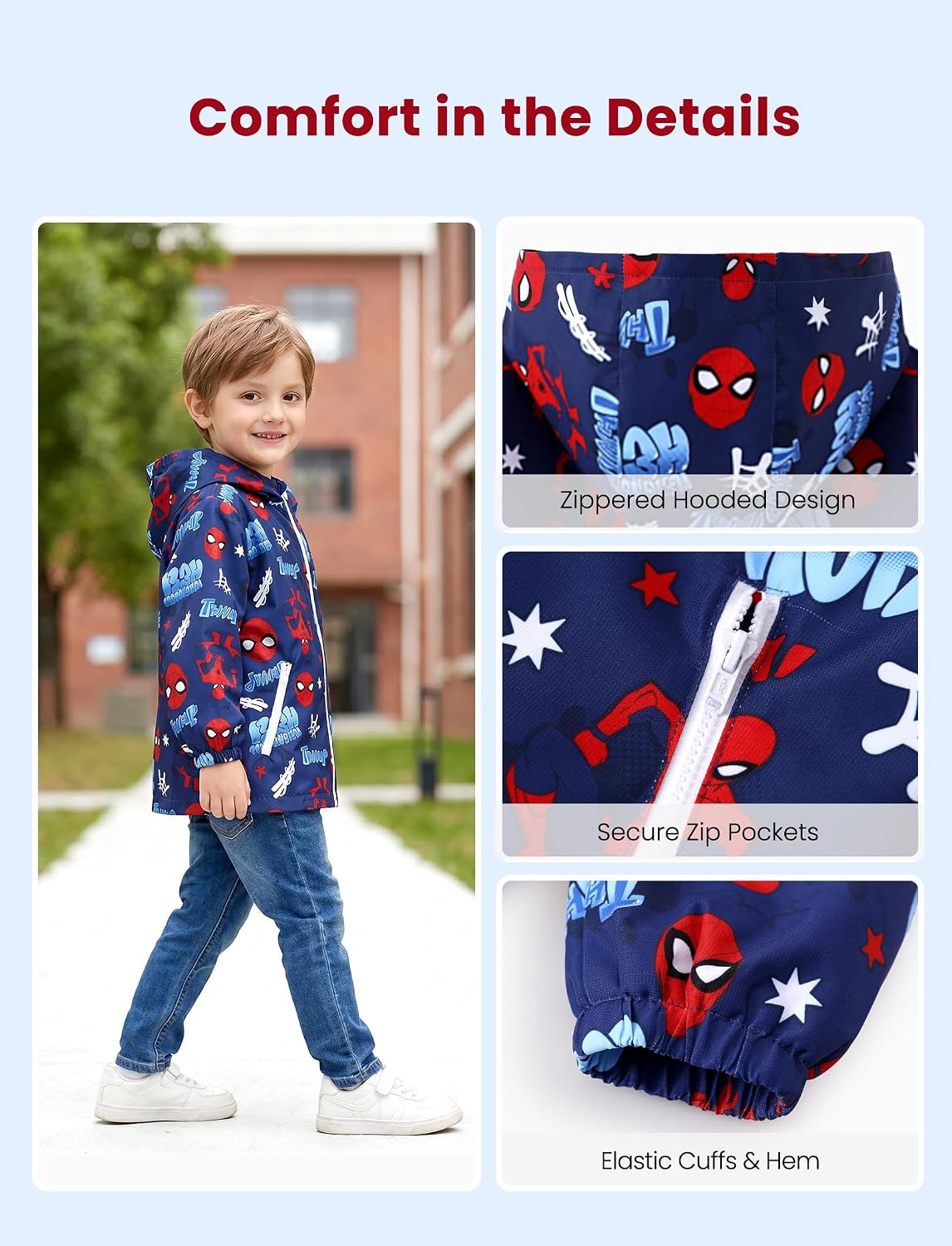 Disney Spiderman Stitch Watertight Jacket Boy/Girl Zip Coat Kids Top 2-9Y | Hoodie Waterproof Jacket Water-resistant Zip Pockets Apparel Quick‑dry Durable Hiking Outfit Windbreaker Daily Outerwear