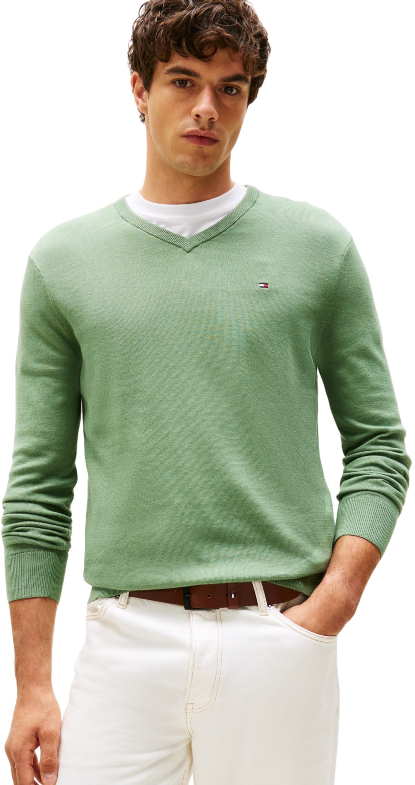 Tommy Hilfiger Men's Essential Cotton V Neck MW0MW14745 Pullover Sweater, Green, XS