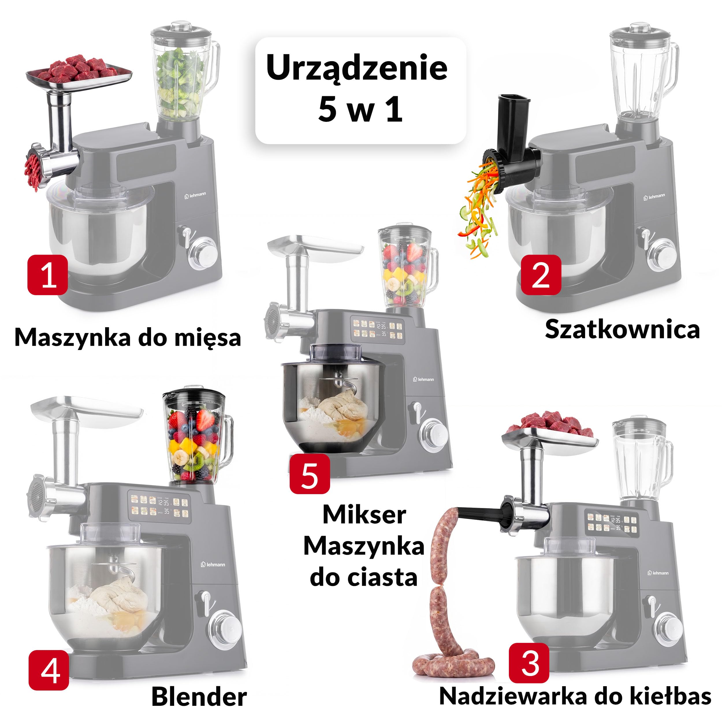 LEHMANN Teyles Robot planetarny 2100W 8L z wagą, wyświetlaczem dotykowym i podgrzewaną misą, robot kuchenny do ciasta, blender 1,5L, maszynka do mięsa, Czarny