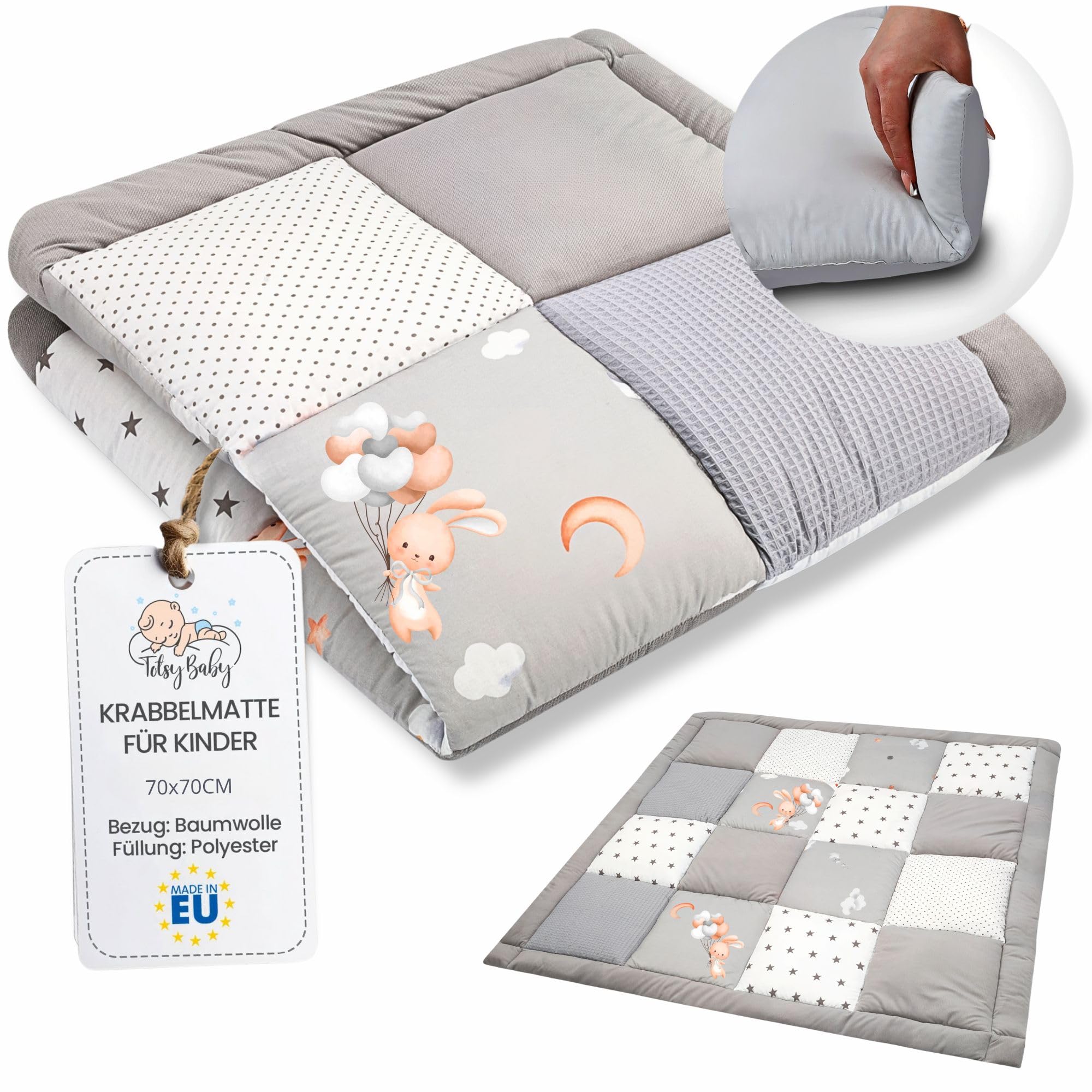 Tappeto gioco bambini per gattonamento 70x70 cm - Patchwork tappetino neonato cameretta bambina e bambino tappeti stanza per gattonare bimbi Coniglio