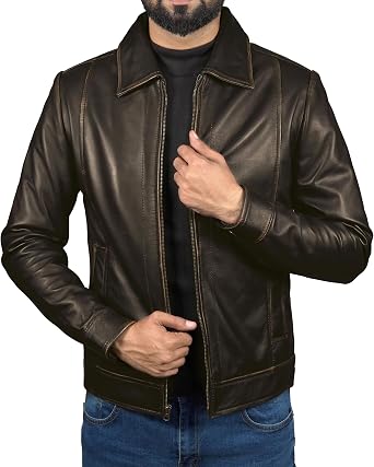 Mens Genuine Real Leather Jacket For Men - Shirt Style Premium Polo Collor Classic Lambskin Biker Jacket