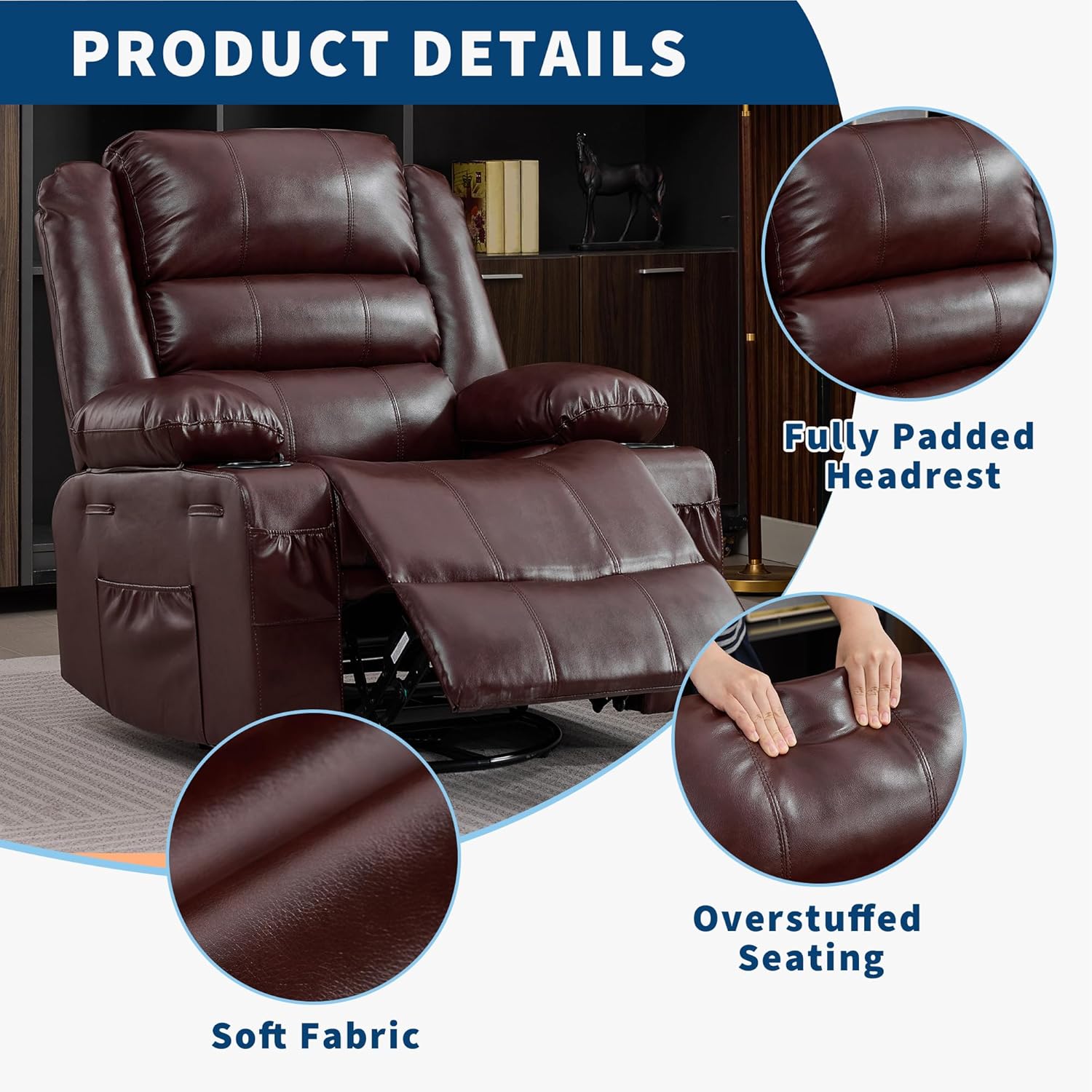 360° Swivel Recliner Chair for Adult, PU Leather Rocker Chair with 3 Positions/2 Side Pockets/Cup Holders, Manual Nursery Glider Rocking Chair for Bedroom Living Room Office