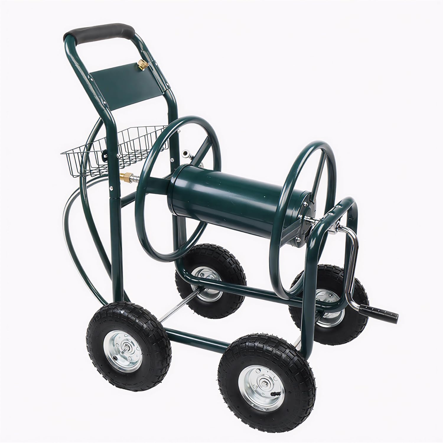 Heavy Duty Garden Hose Reel Cart with 4 Pneumatic Tires, Holds Up to 300ft of 5/8" Water Pipe, Mobile Steel Water Hose Wagon with Storage Basket and Foam Handle for Outdoor Yard Farm, Dark Green