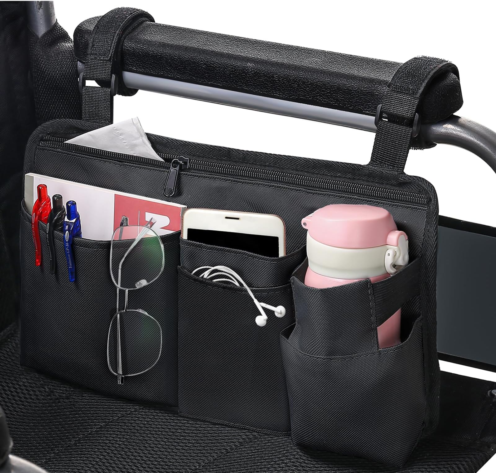 CTWWFS Upgrade Wheelchair Side Bag with Cup Holder, Armrest Accessories for Wheelchair, Rollator, Walker, The Perfectly Organized to Free your Hands and Bring you A Wonderful Life Experience (Black)