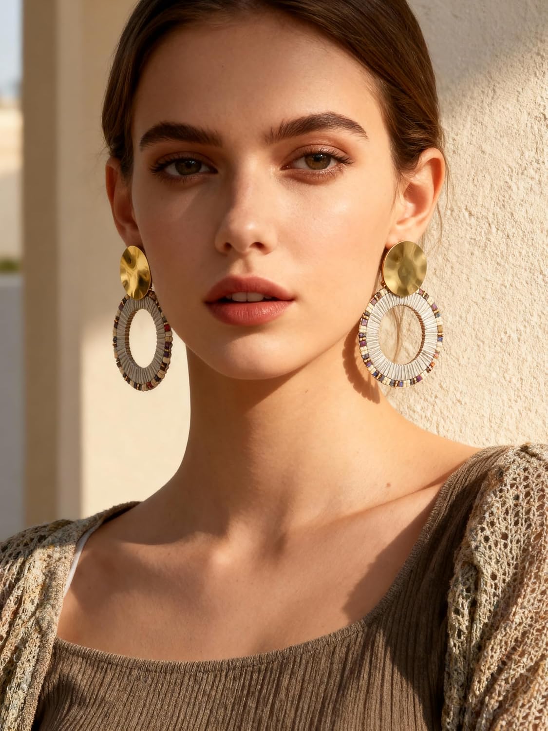 Boho Beaded Circle Earrings for Women Lightweight Statement Dangle Earrings Drop with Hammered Gold Disc Colorful Hoop Trendy Boho Jewelry Gift - Image 3