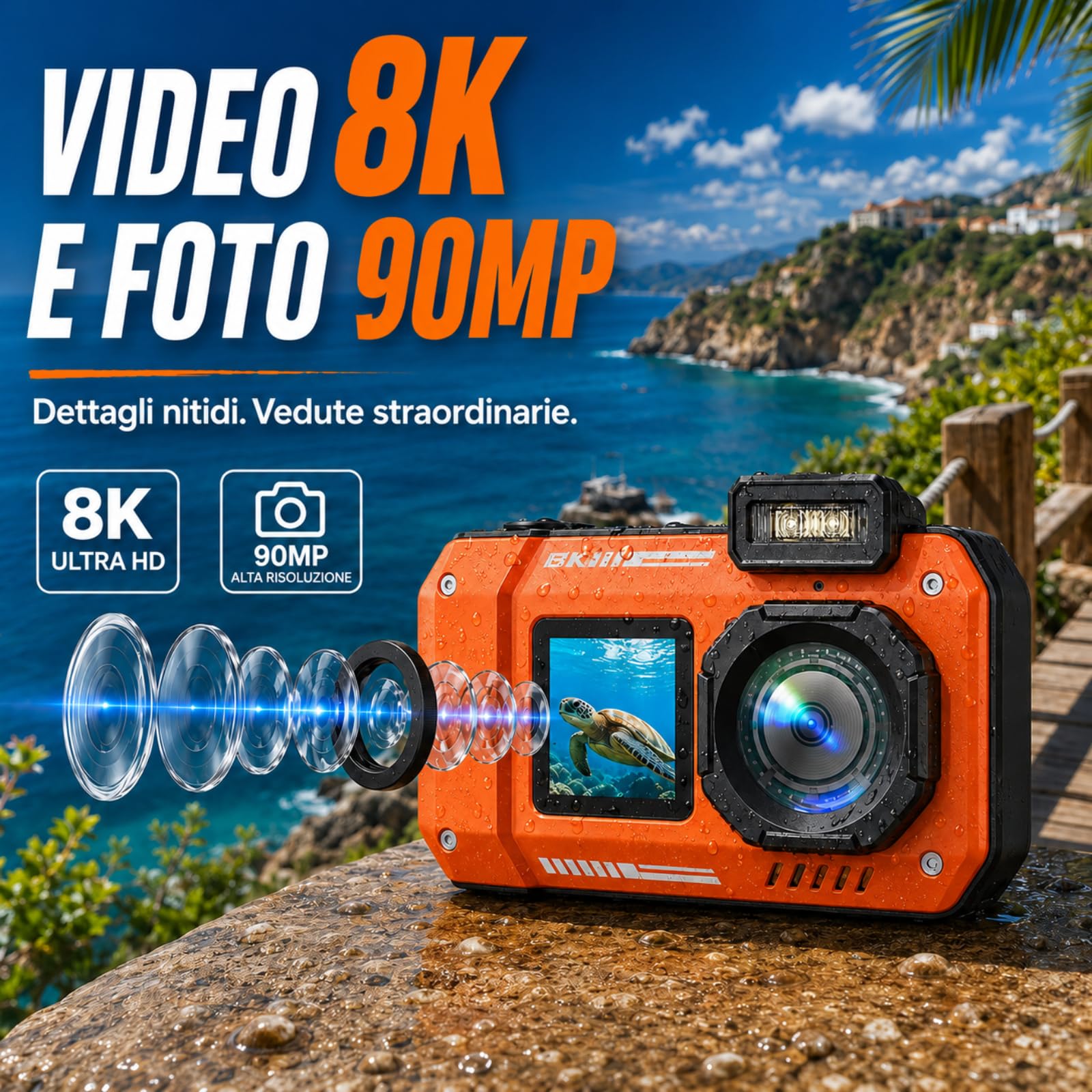 MaxMango D50 33FT Macchina Fotografica Subacquea Impermeabile, 8K 70MP Fotocamera Digitale con 16 GB di Scheda, Doppio Schermo 2.8'' per Selfie, 18x Zoom, Resistente a Polvere e Urti per Snorkeling