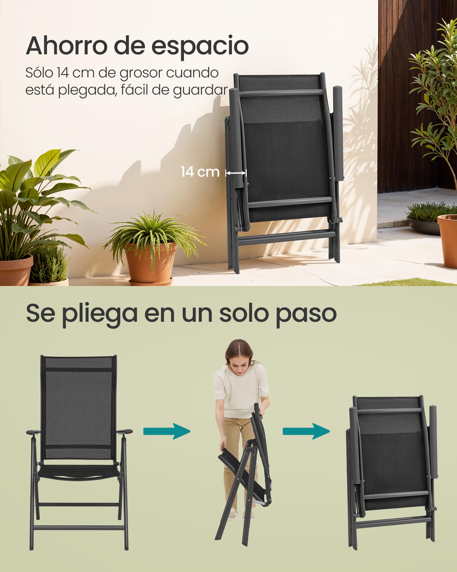 SONGMICS - Silla de jardín Plegable, Juego de 2, Asiento al Aire Libre, Marco de Metal, Respaldo Ajustable en 8 Posiciones, Capacidad de Carga 150 kg, Negro GCB29BK