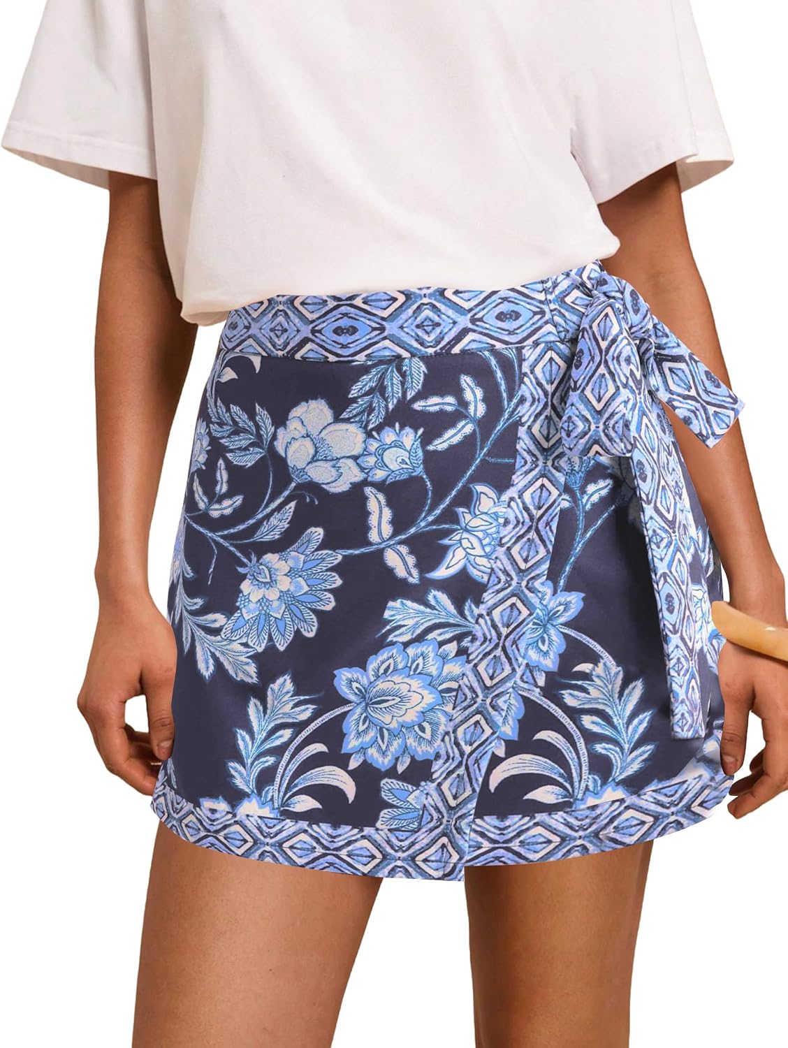 Women’s Summer Boho Skirts Floral Print Tie Knot Wrap Skirt Cute Tropical Ocean Graphic Mini Short Skirts Beachwear