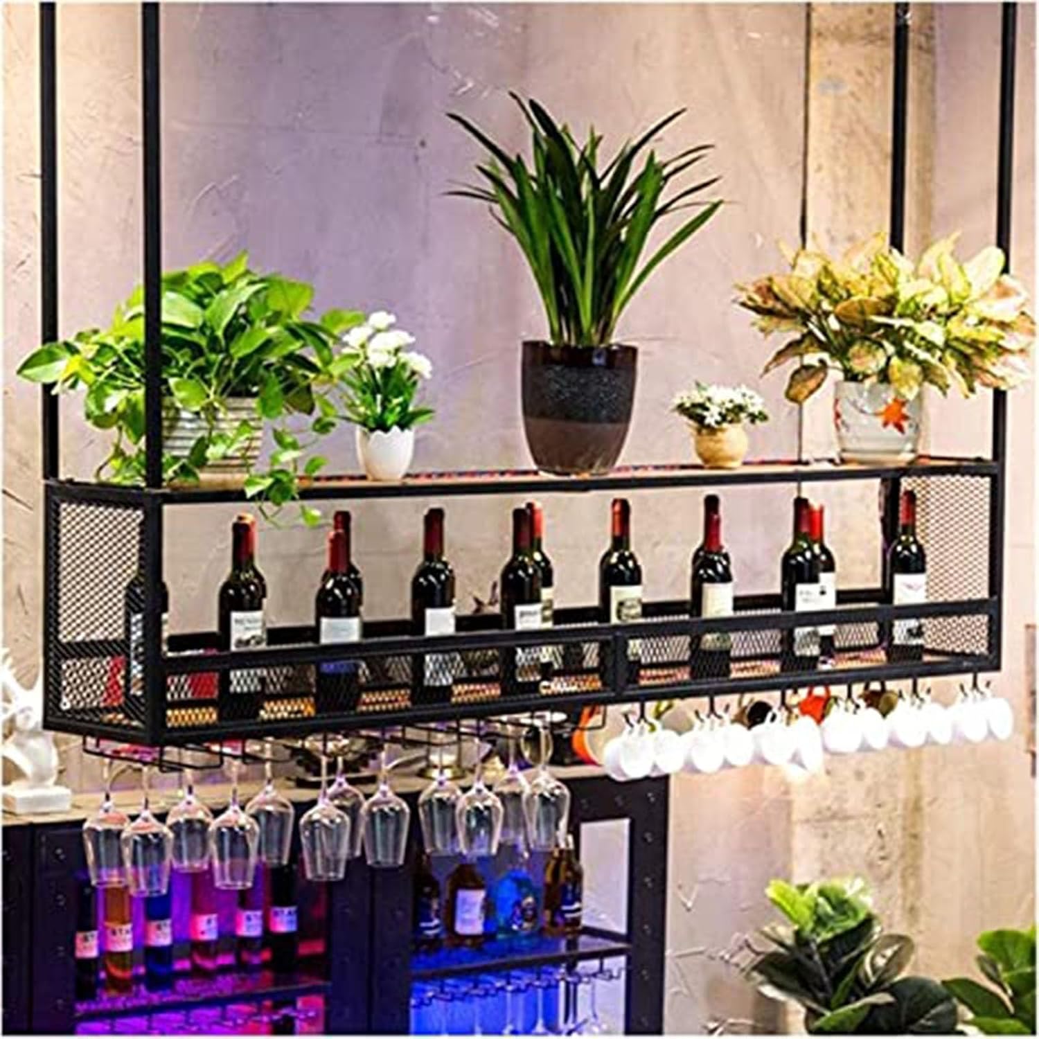 Ceiling Wine Rack Display Stand - Hanging Wine Glass Holder, Metal Ceiling Hanging Flower Stand, Wall-Mounted Floating Rack/Plant Shelf/Shelves For Decor/Shelves(60x30x80cm)