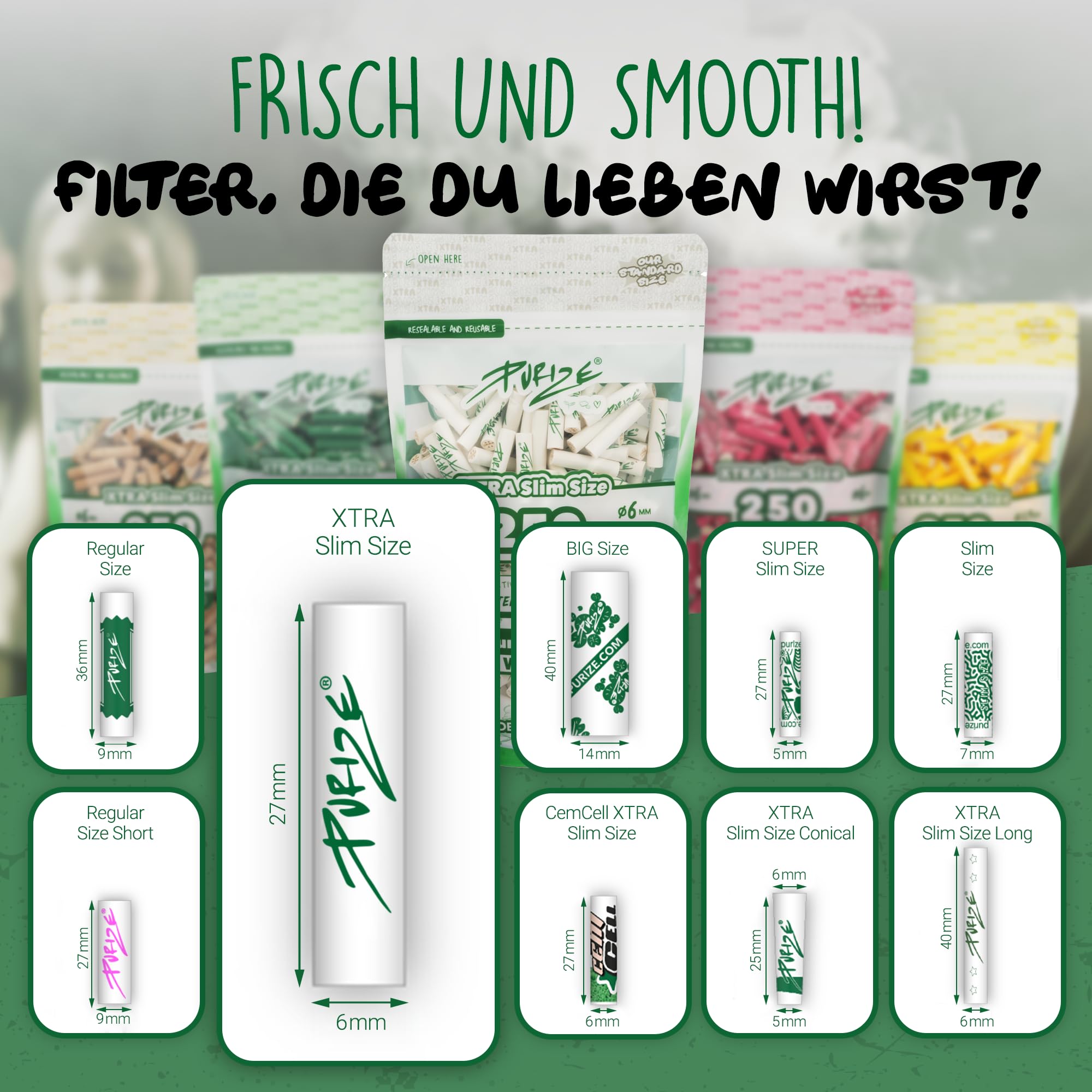PURIZE® Beutel | 250 Xtra Slim Size Aktivkohlefilter Weiß