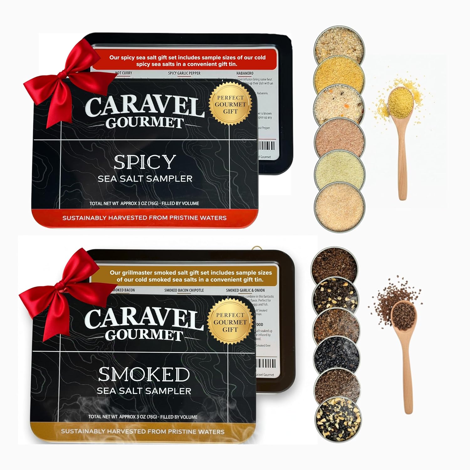 Smoked & Spicy Sea Salt Sampler Collection – 12-Flavor Cooking Salts Bundle in 0.5 oz Reusable Tin Each – Smoky & Spicy Finishing Salt Variety Pack Gift Set – Caravel Gourmet