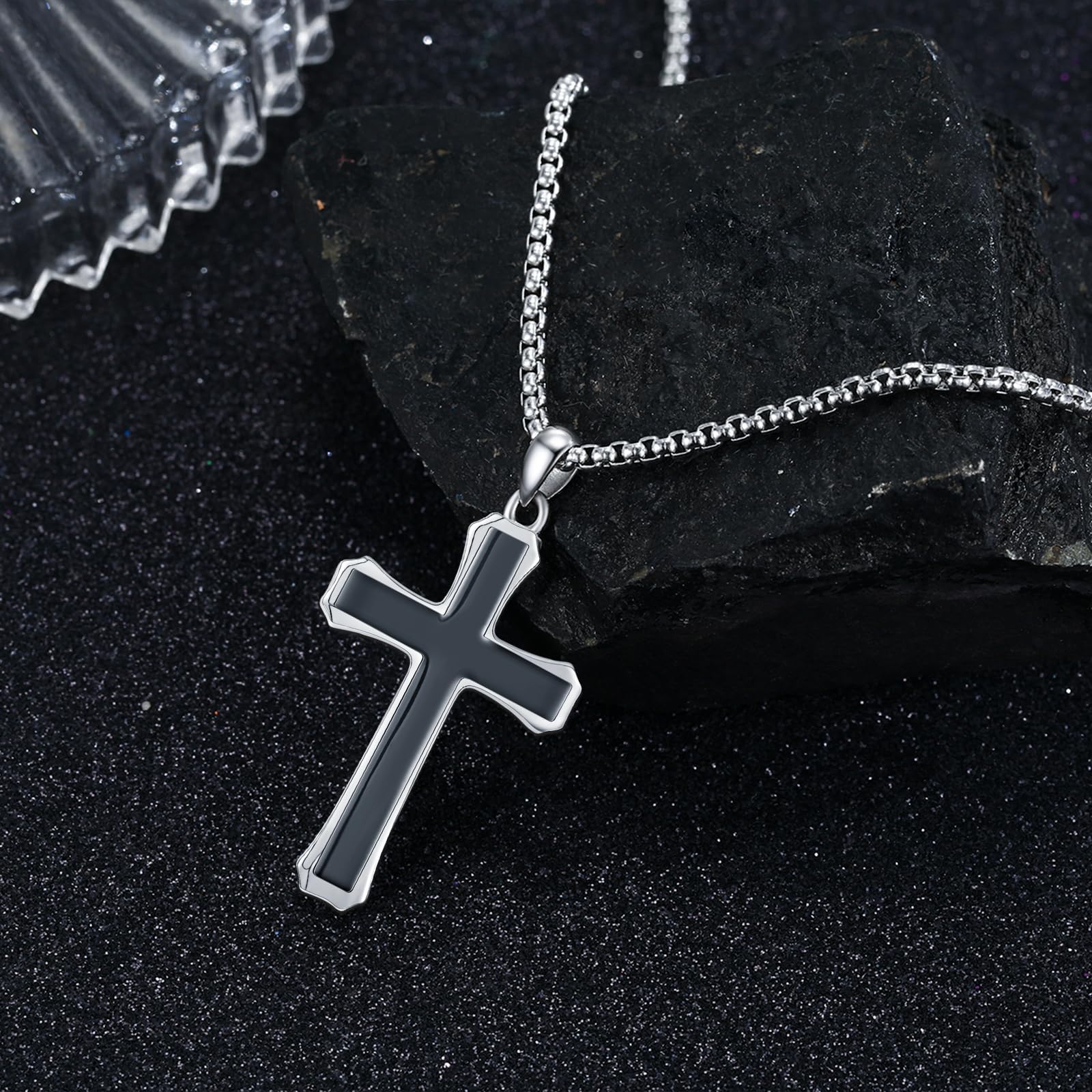 KQ&TTENG Holz Kreuz Halskette für Herren Walnuss Schwarz Hypoallergen Jesus 925er Sterling Silber Religiöser Anhänger Schmuck für Herren und Damen
