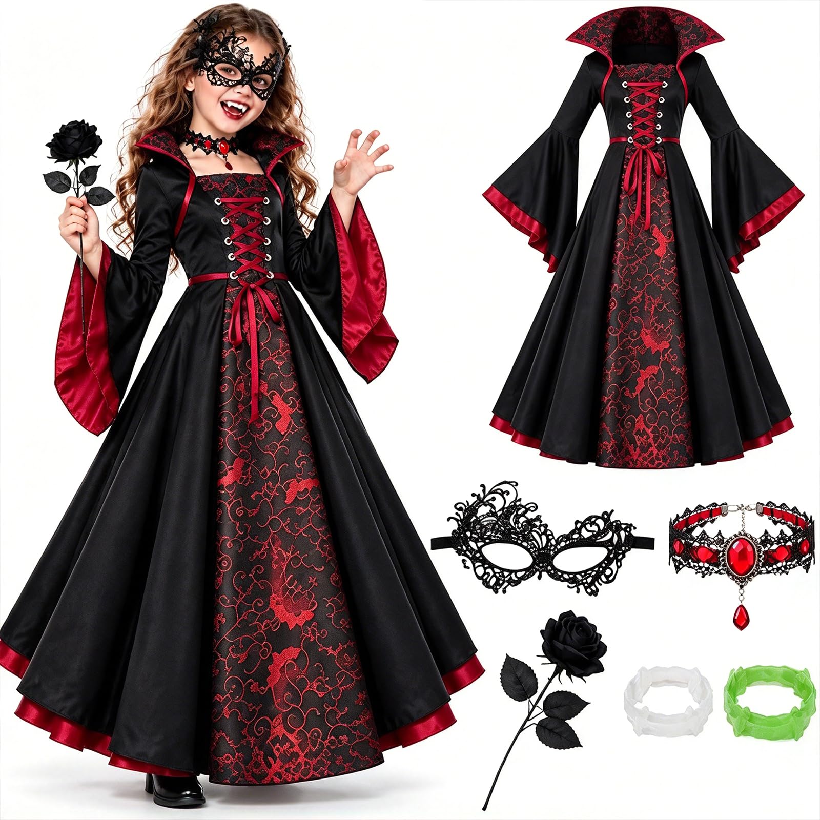 Girls Vampire Costume, Halloween Costumes for Kids Victorian Fancy Dress