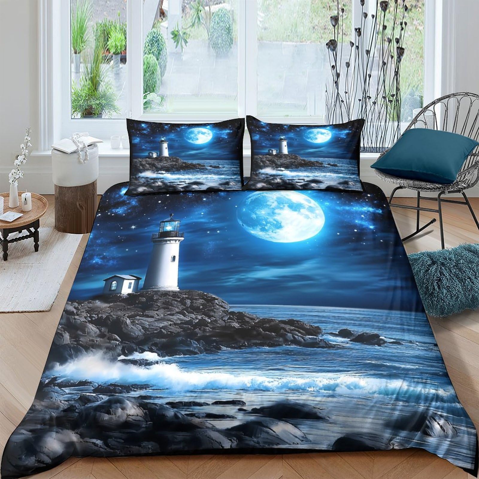 Ctjqhvkz Style-4 3D Printed Moonlight Ocean Lighthouse Fitted Sheet Microfiber Blue Night Bed Cover For Bedroom Guest Room Decor Single（135X200cm）