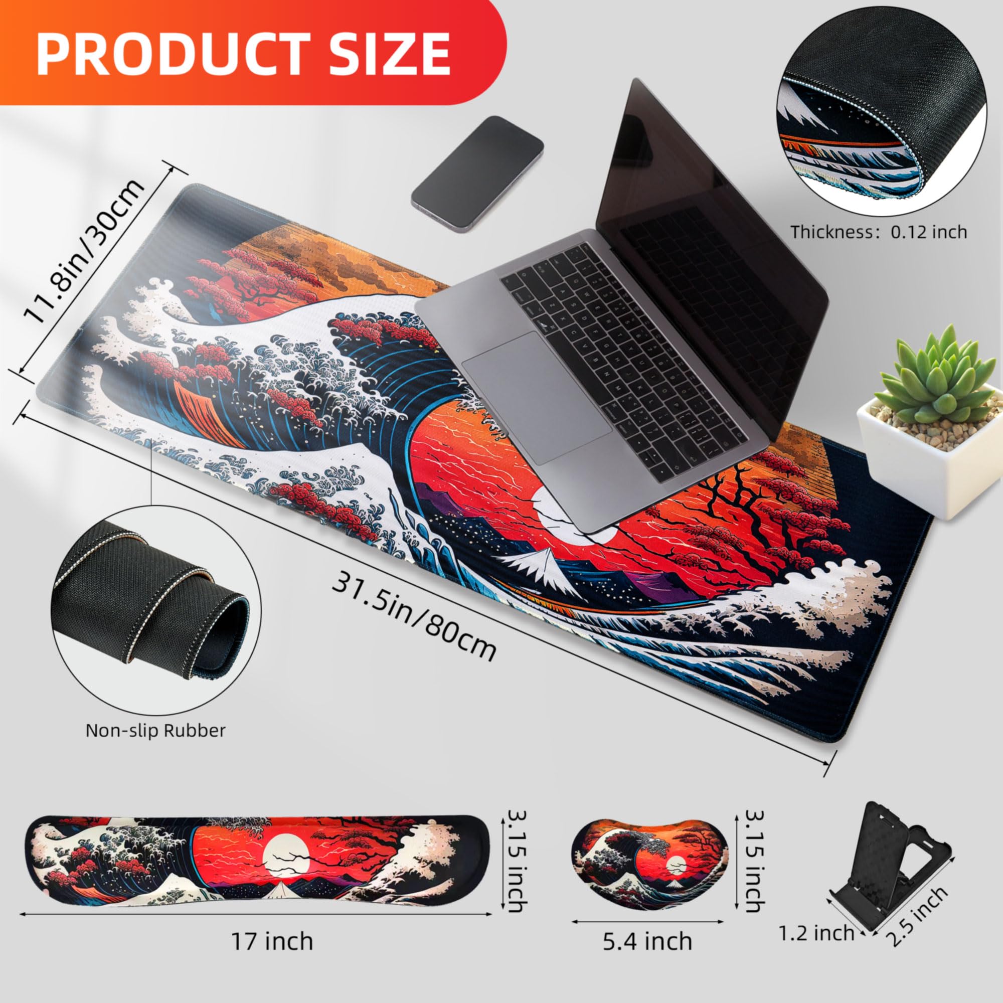 Hopipad Large Gaming Mouse Pad Waterproof/Mouse Wrist Rest/Keyboard Wrist Rest Set, Non-Slip Rubber Base, Ergonomic Computer Desk Mat with Wrist Support for Keybord and Mouse, Easy Typing&Pain Relief