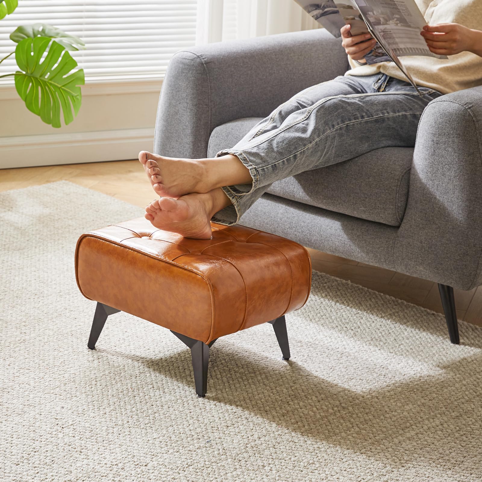 YMYNY 10.2 H Repose Pied Salon, Tabouret Repose-Pieds en Cuir PU avec Coussin Rembourré pour l'assise. Tabouret de Canapé Moderne, pour Salon, Chambre, Entrée, Orange HBD037J