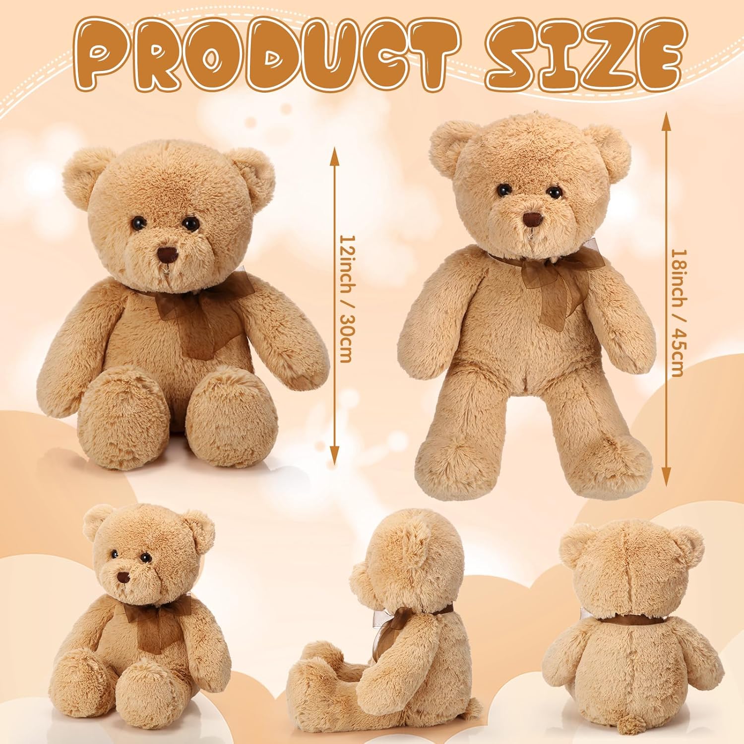 HyDren 2 Pack Bear Stuffed Animals 18 Inch Cuddly Stuffed Bear Plushies with Bow for Birthday Gifts Baby Shower Decors Valentines Party Decors(Light Brown)