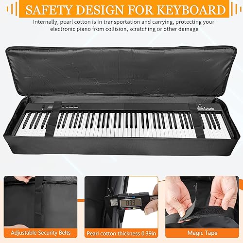 Vista 12 de AKOZLIN Funda para teclado de piano eléctrico de 34 x 13 x 4 pulgadas, funda para teclado de 49 teclas con correas ajustables y 5 bolsillos