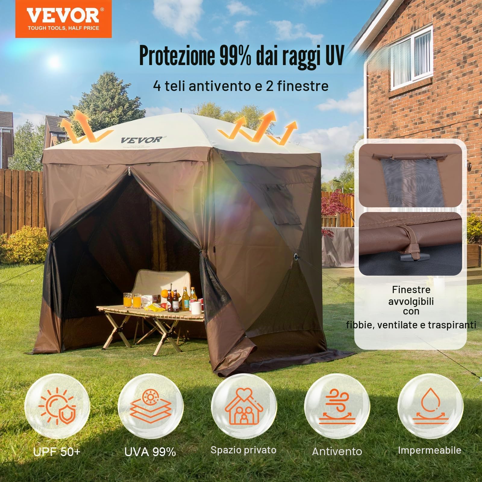 VEVOR Gazebo Pop-Up, Tenda con Schermo Pop-Up, Baldacchino su 4 Lati, Riparo da Sole 4 Panni Antivento Rimovibili Finestre in Rete, con Zanzariera Schermo a Montaggio Rapido 1,83 x 1,83 m Marrone