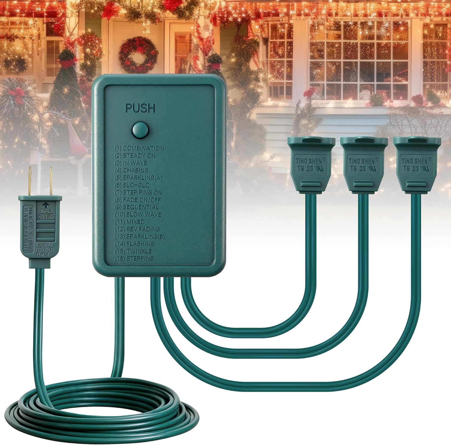 3 Channel Chase Controller with Push Button, Christmas Light Controller with 16 Dazzling Functions, Memory Function, Weatherproof, for Indoor Outdoor Holiday Lighting Displays (3 Channel)