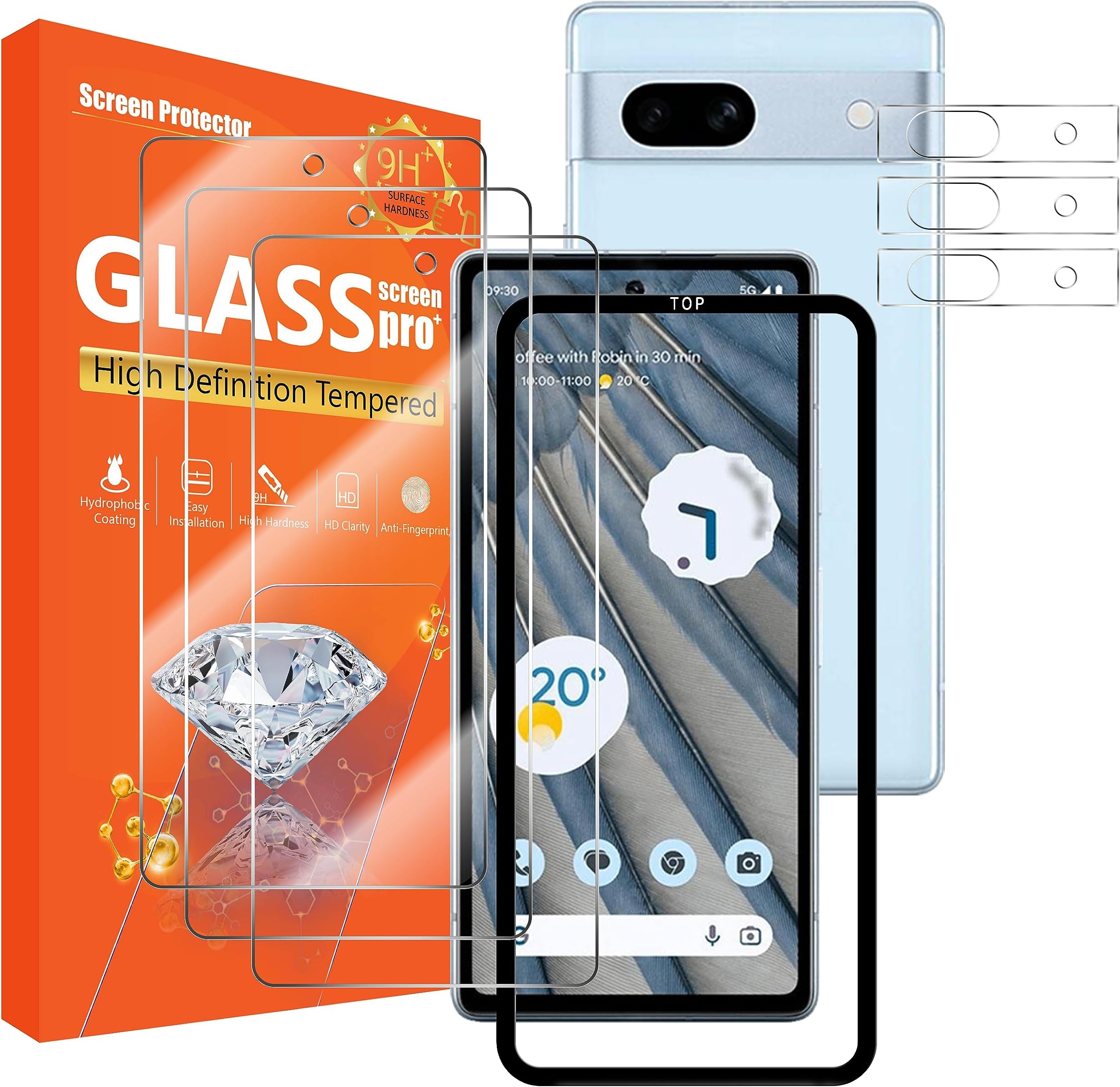 [3+3Pack] for Google Pixel 7A Screen Protector 3Pack + Camera Lens Protector 3Pack, Tempered Glass Screen Protector [With Easy Installation Frame] [9H Hardness] [Anti-Scratch] [Bubble