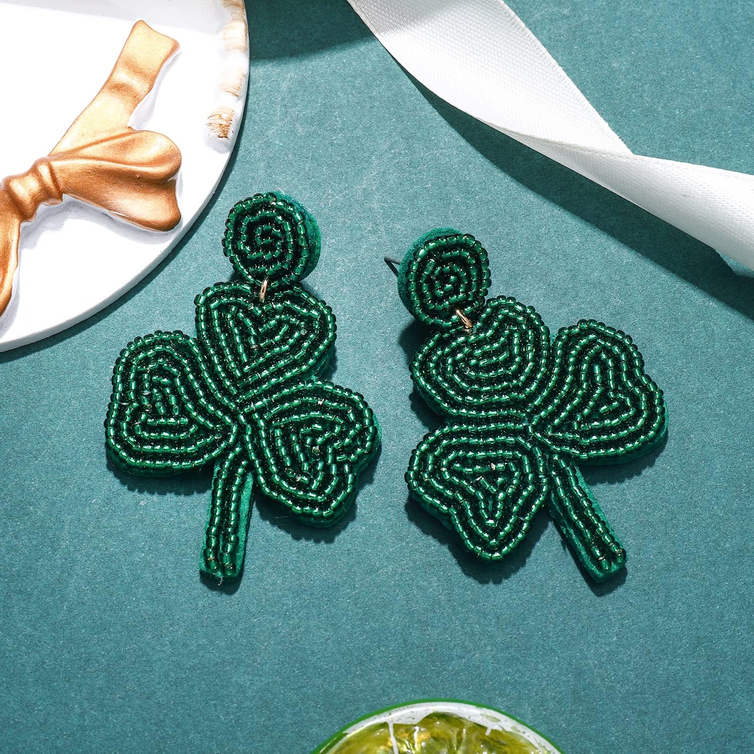 St. Patrick's Day Earrings Beaded Green Leaf Earring for Women Handmade Lucky Shamrock Hat Drop Dangle Earrings Irish Holiday Jewelry Gift - Image 4