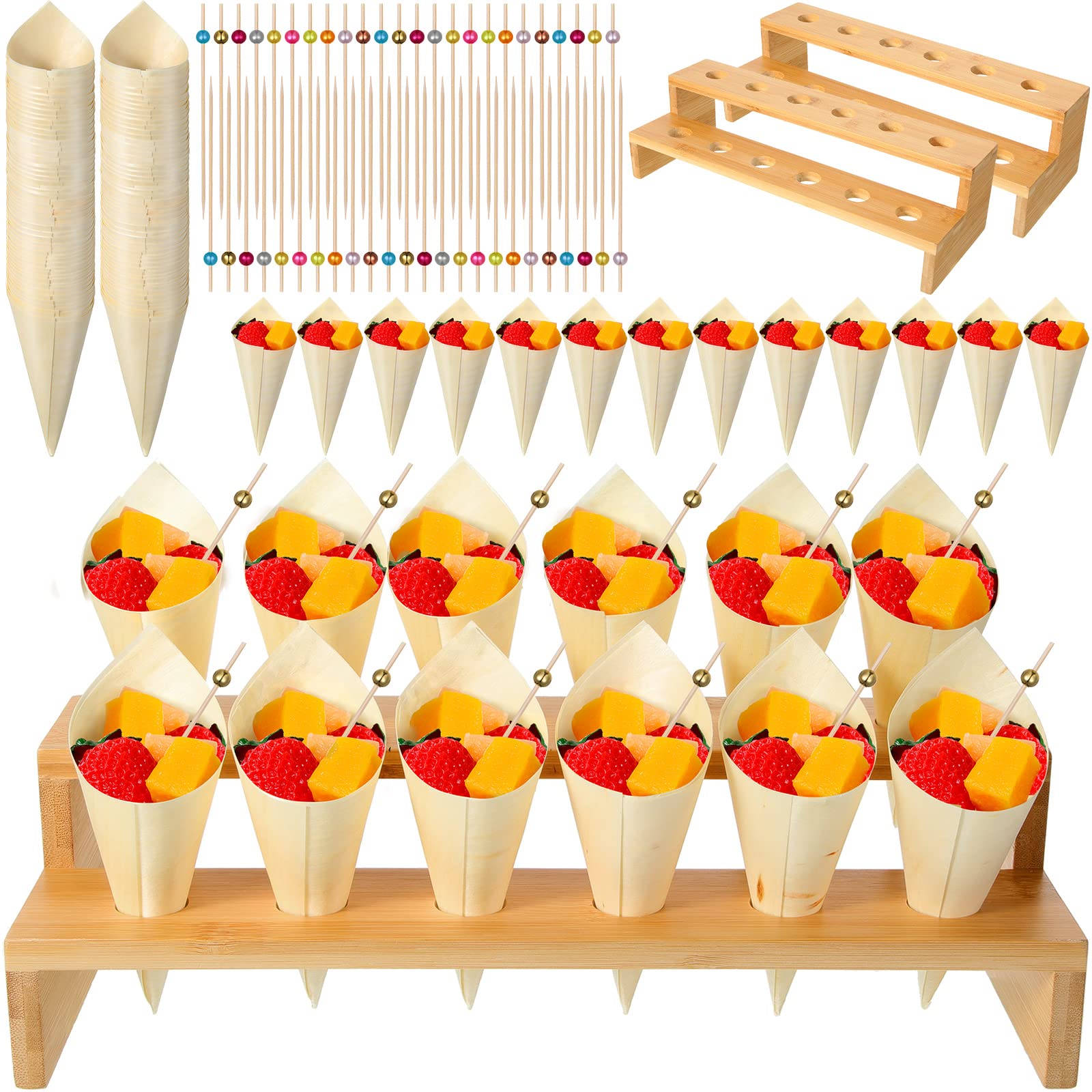 2 Pcs Wooden Ice Cream Cone Holder Stand 13 x 5.7 Inch with 12 Holes 150 Wooden Cones and 150 Colorful Bamboo Stick Display Stand Charcuterie Cones Holder Disposable Cones for Appetizer Party (Brown)