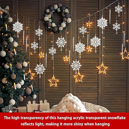 Miniatura 5 de LHMTQVK 19 piezas de adorno de gota de copo de nieve de Navidad, carámbano acrílico - Colgante con adornos de línea de cristal para árbol, invierno,