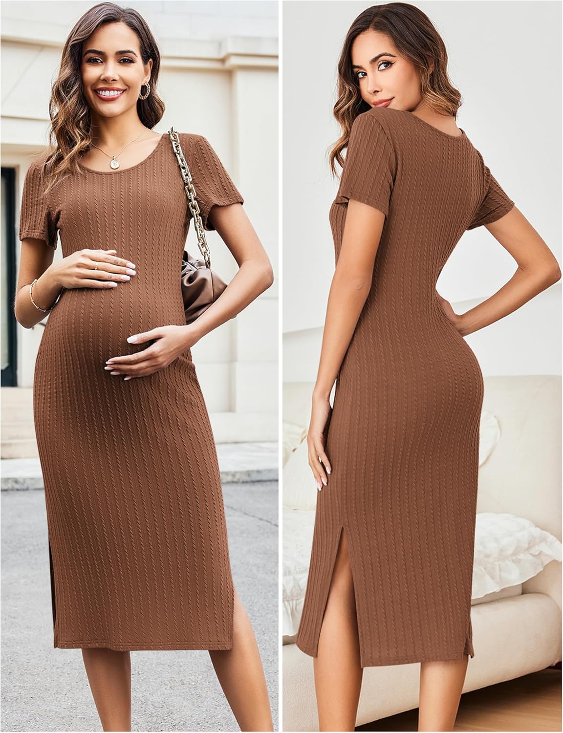 ELESOL Maternity Dress Rib Knit Short Sleeve Bodycon Dresses Casual Stretchy Pregnancy Clothes