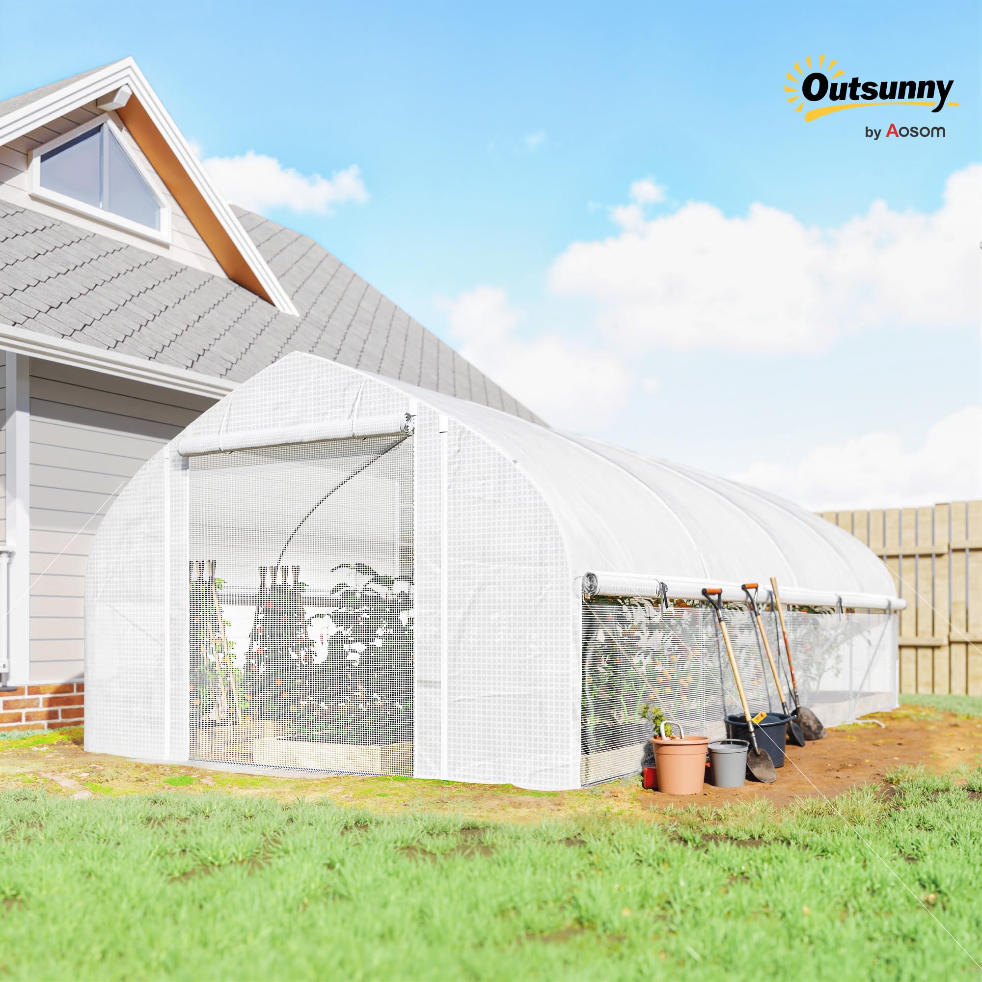 Outsunny Invernadero de Exterior Invernadero de Túnel 6x3x2 m Blanco | 8 Ventanas, Cubierta de PE Anti-UV, Puerta Enrollable con Cremallera, Paredes Laterales con Malla, para Cultivos, Plantas