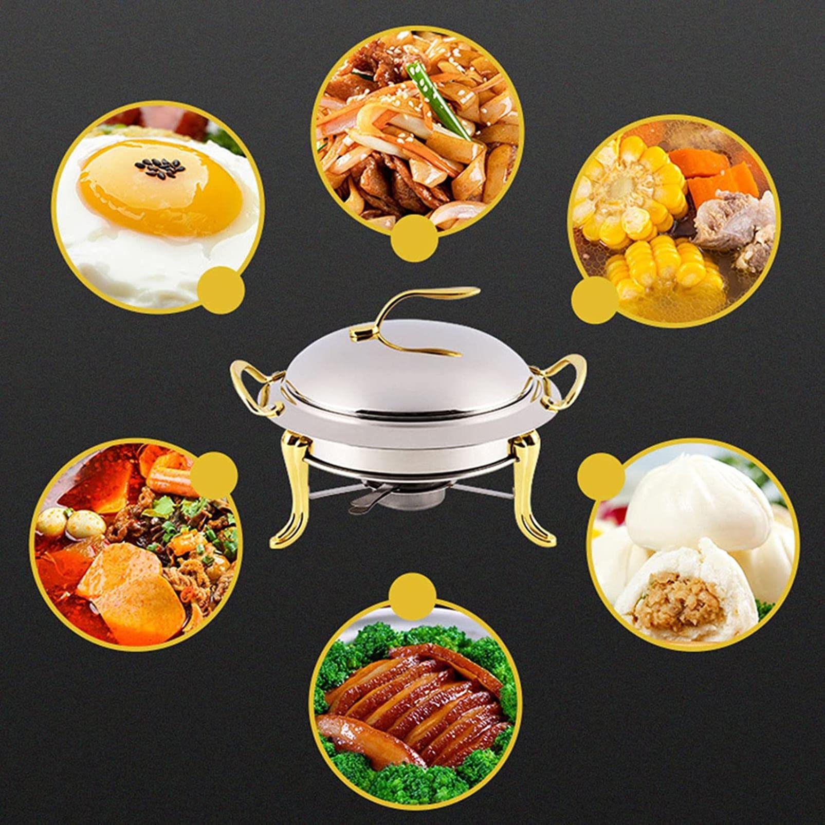 EXBERT Servidor de Buffet eléctrico, Paquete de 2 Platos Redondos de tamaño Completo, Servidor de Buffet de Acero Inoxidable de 3 litros con Bandeja para Alimentos, Tapa y Soporte para Combustible,