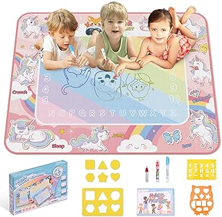 Lahrma Water Doodle Mat Kids Toys 100×80cm, Large Aqua Magic Doodle Water Mat with 3 Doodle Pens and 3 Drawing Templates, Reusable Water Drawing Mat for 4-6 Years Old Boys&Girls, Unicorn