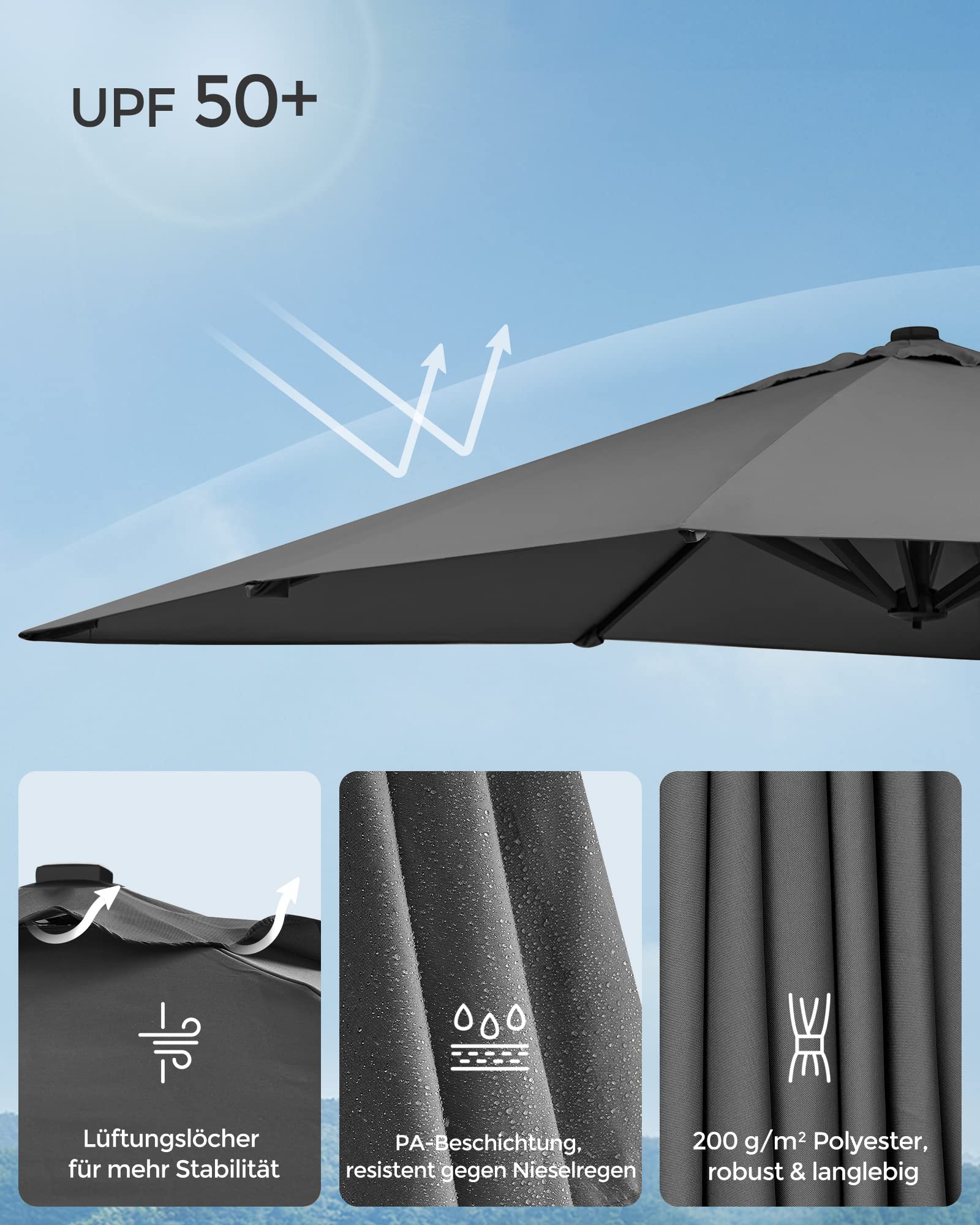 SONGMICS Sonnenschirm 290 x 290 cm, Ampelschirm, Gartenschirm, UV-Schutz UPF 50+, um 360° drehbar, Neigungswinkel verstellbar, mit Ständer, Befestigungsgurten und Abdeckung, rauchgrau GPU039G01