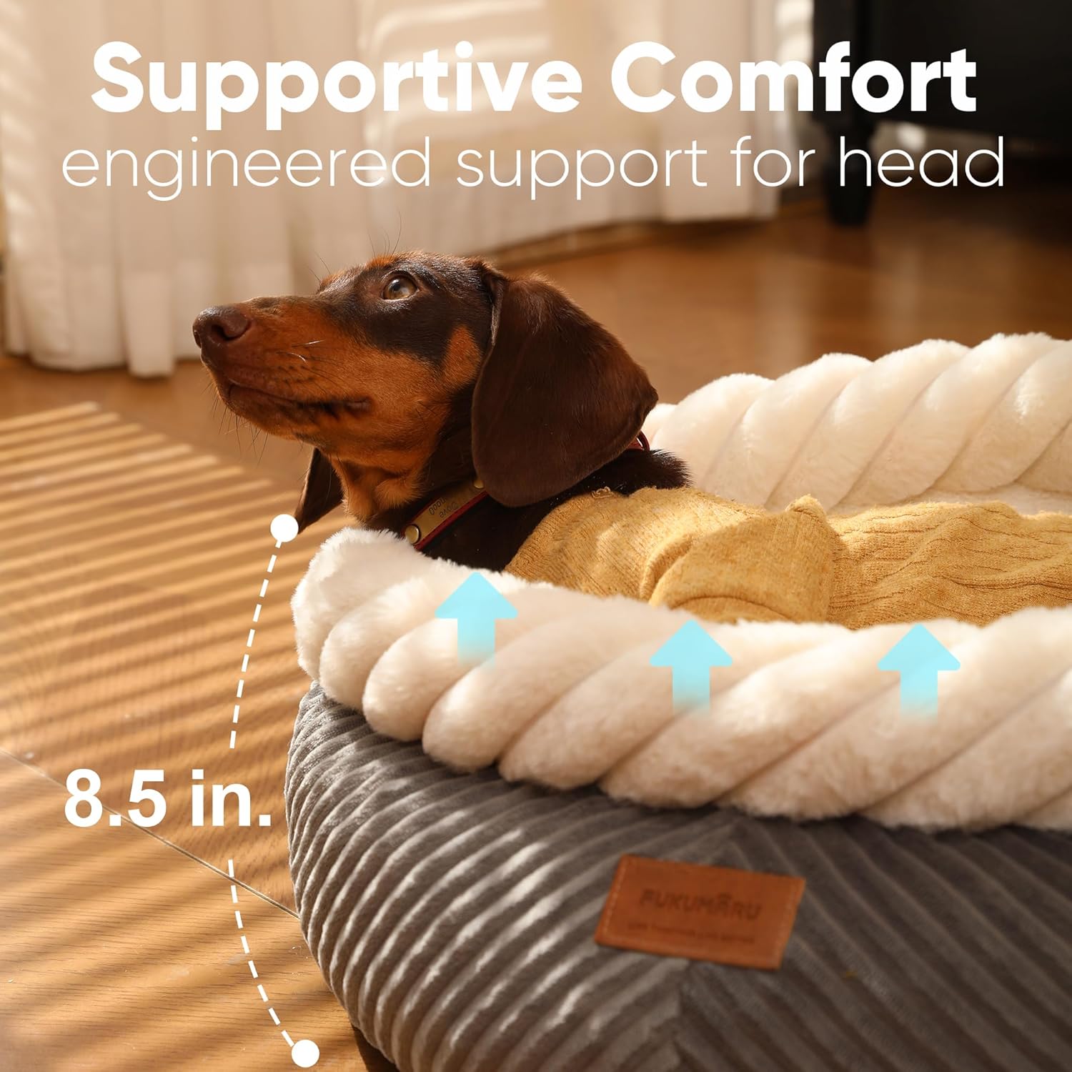 FUKUMARU Dog Bed, Calming Donut Dog Beds, Plush Faux Fur&Corduroy Cat Beds, Cute Round Washable Pet Bed for Large Cats and Small Dogs, Cat Cave with Anti-Slip Bottom, 25inch, Grey