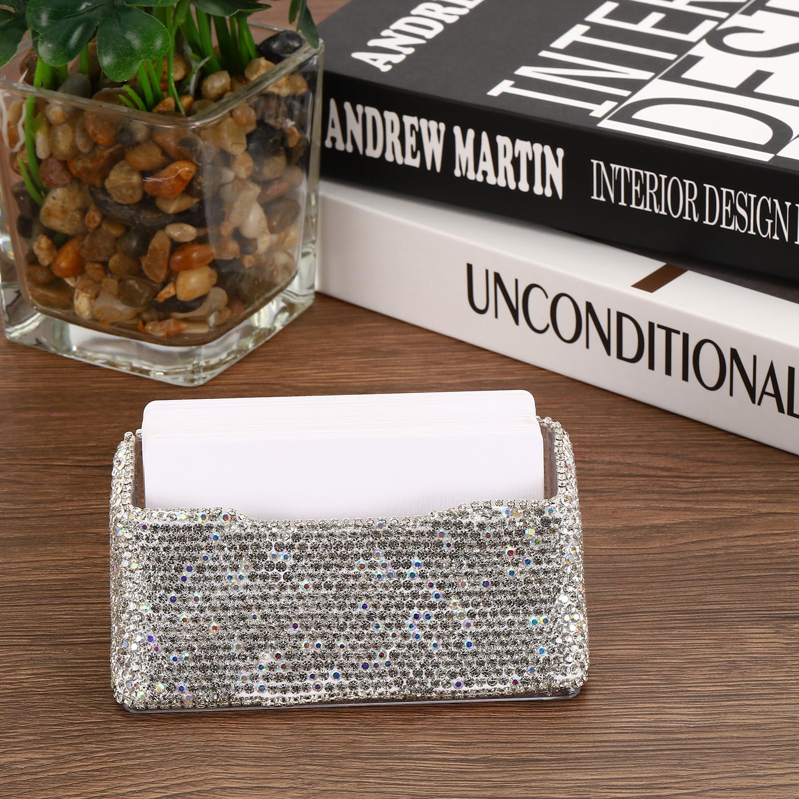 PATIKIL Business Card Holder for Desk 2 Pack Rhinestone Business Card Holders Bling Name Card Stand Organizer Cards Display for Office Exhibition White - Image 4