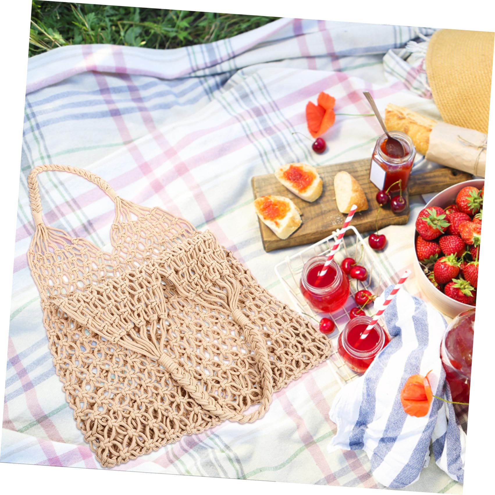 LALAFINA Borsa a Tracolla in Cotone Intrecciato a Rete, Leggera e Riutilizzabile per Spiaggia e Picnic