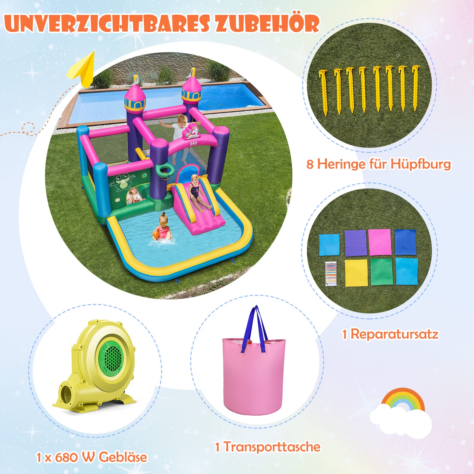COSTWAY Hüpfburg mit Gebläse, Sprungbereich, Rutsche & Planschbecken, Kinder Springburg für Indoor & Outdoor, inkl. Tragetasche, 327 x 392 x 270 cm