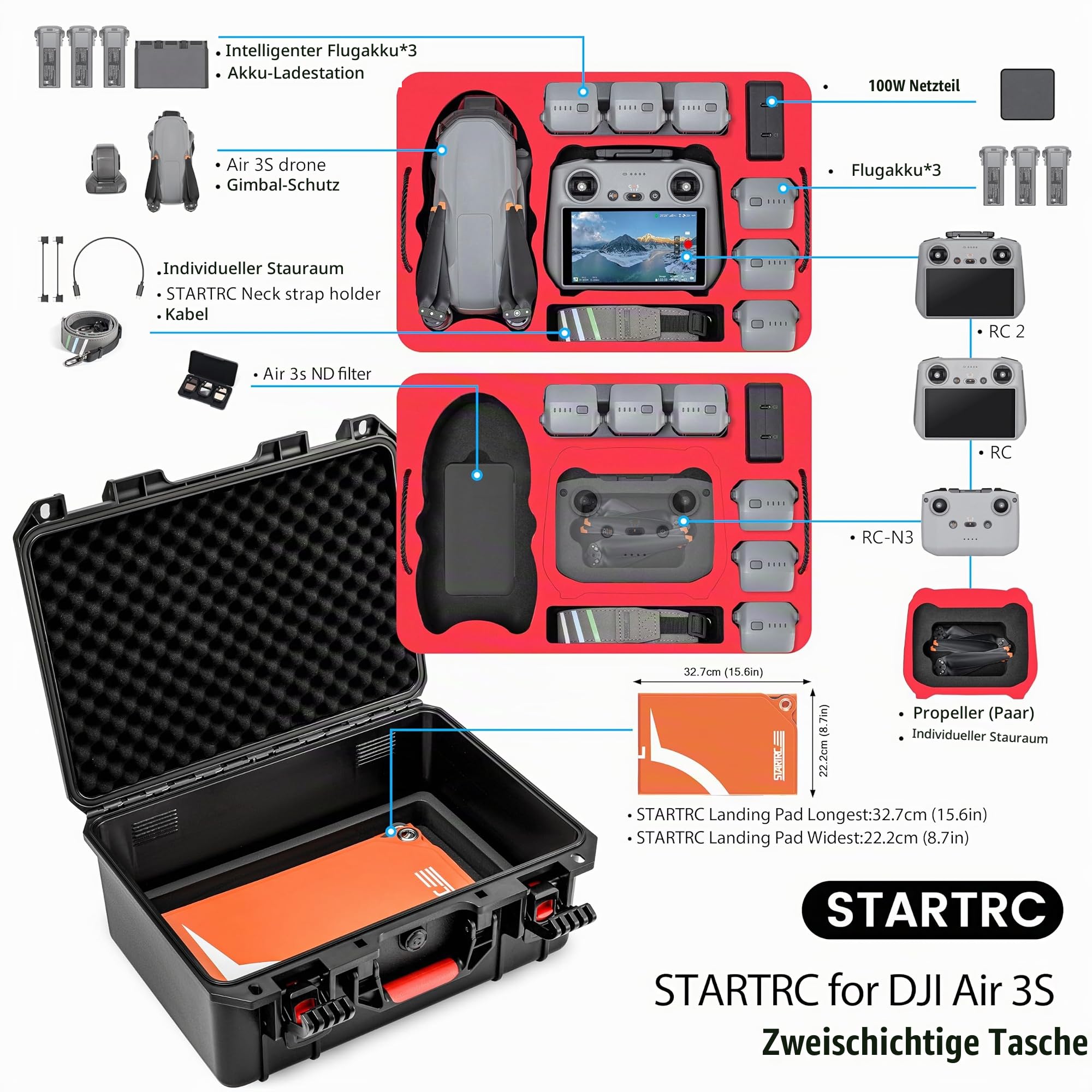 STARTRC Zweischicht Air 3S Koffer,wasserdichte Tragetasche Air 3S Fly More Combo, RC 2/RC/RC-N3/N2 Controller für DJI Air 3S Zubehör Akku und Ladestation