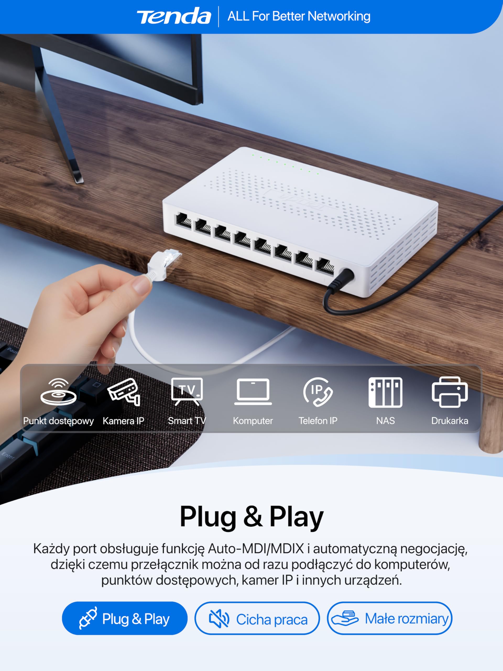 Tenda SM108 8-portowy przełącznik 2,5 Gb/s, niezarządzany przełącznik sieciowy 2,5 Gigabit (Plug-and-Play, bez wentylatora, montaż ścienny, do serwerów NAS 2,5G, punktów dostępowych, komputerów) Biały